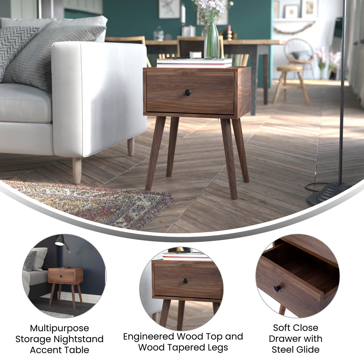 Hatfield Mid-Century Modern One Drawer Wood Nightstand, Side Accent or End Table with Soft Close Storage Drawer