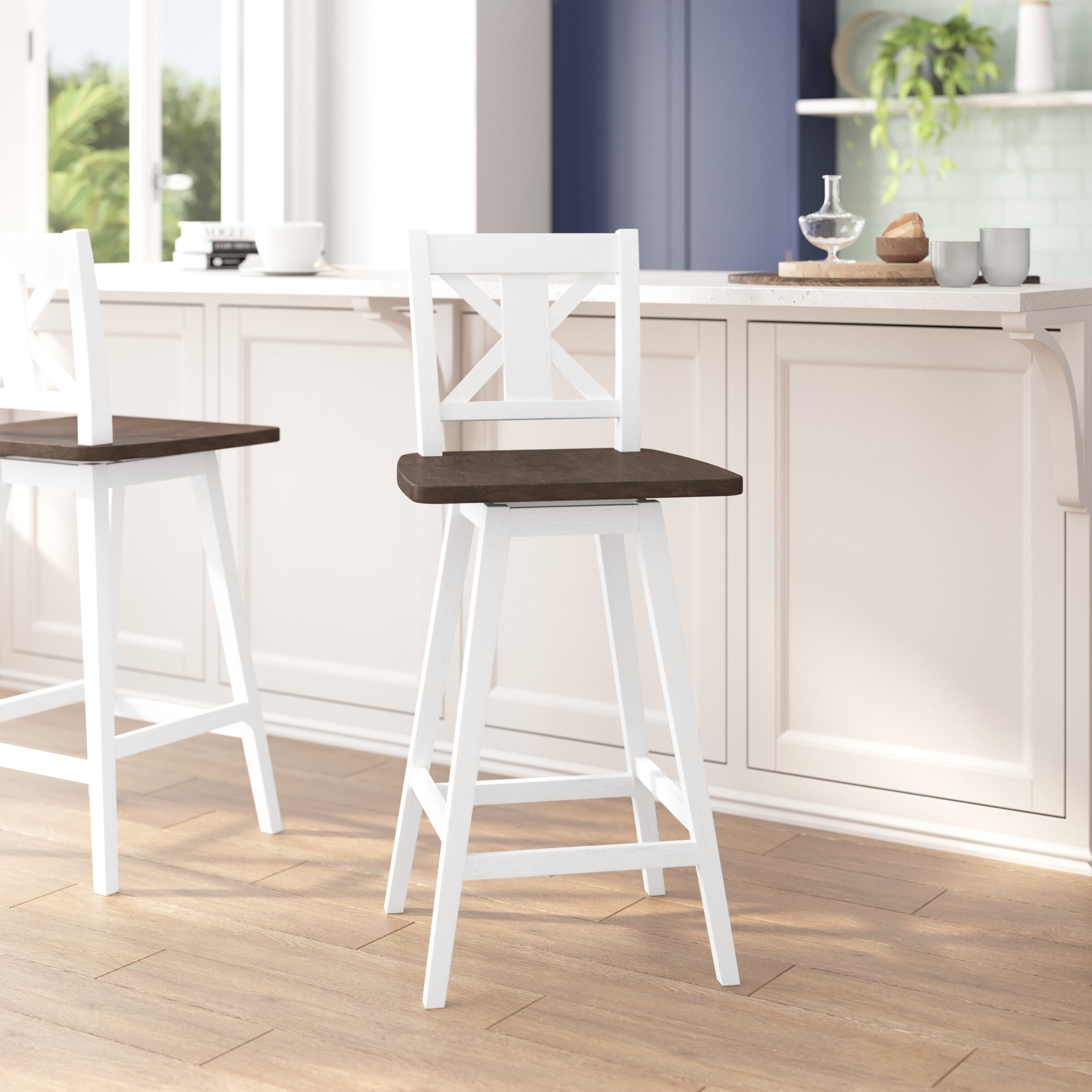 Gwendolyn Solid Wood Modern Farmhouse Swivel Bar Height Barstool