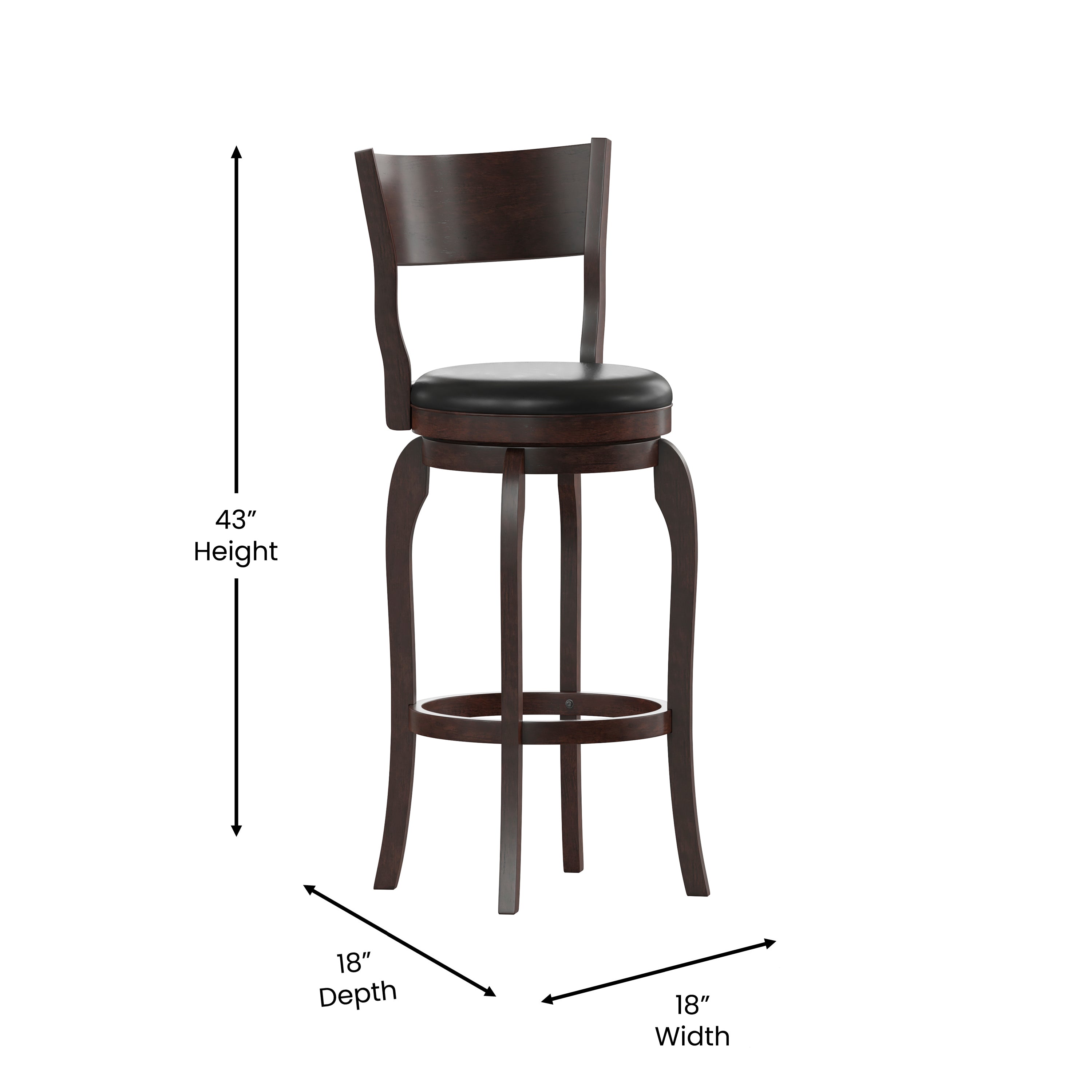 Nichola Classic Open Back Swivel Bar Height Pub Barstool with Bowed Wooden Frame and Padded, Uphosltered Seat