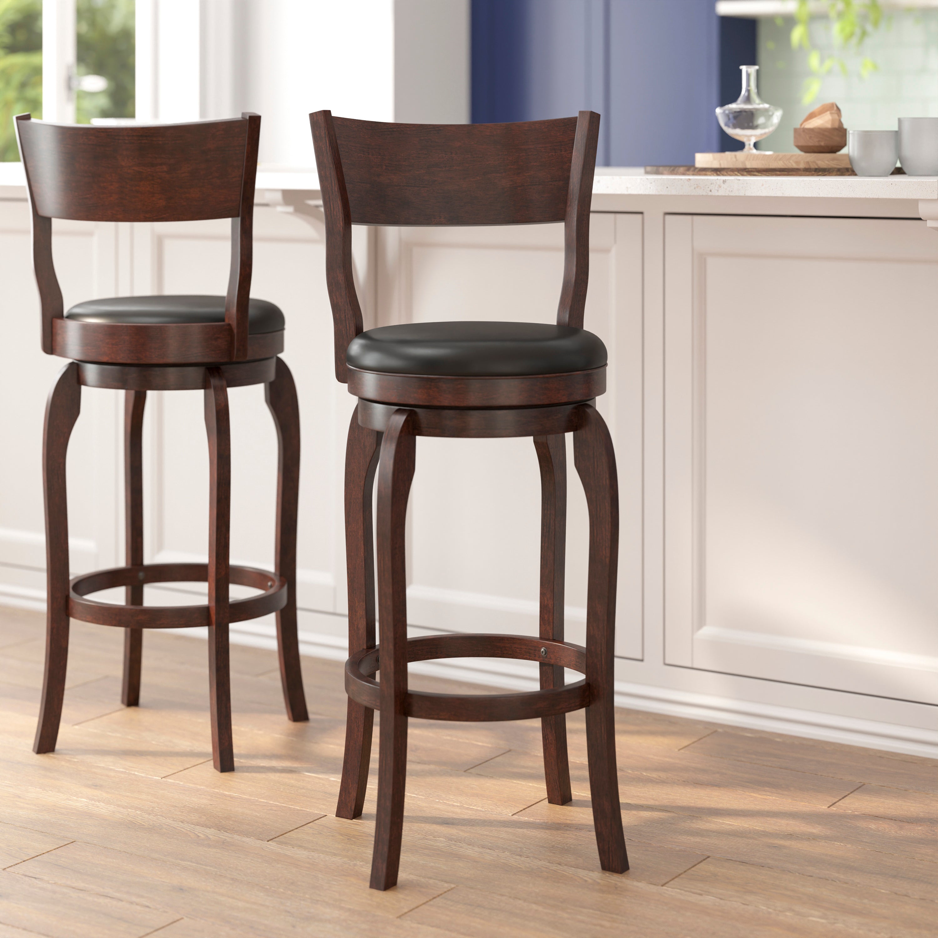 Nichola Classic Open Back Swivel Bar Height Pub Barstool with Bowed Wooden Frame and Padded, Uphosltered Seat