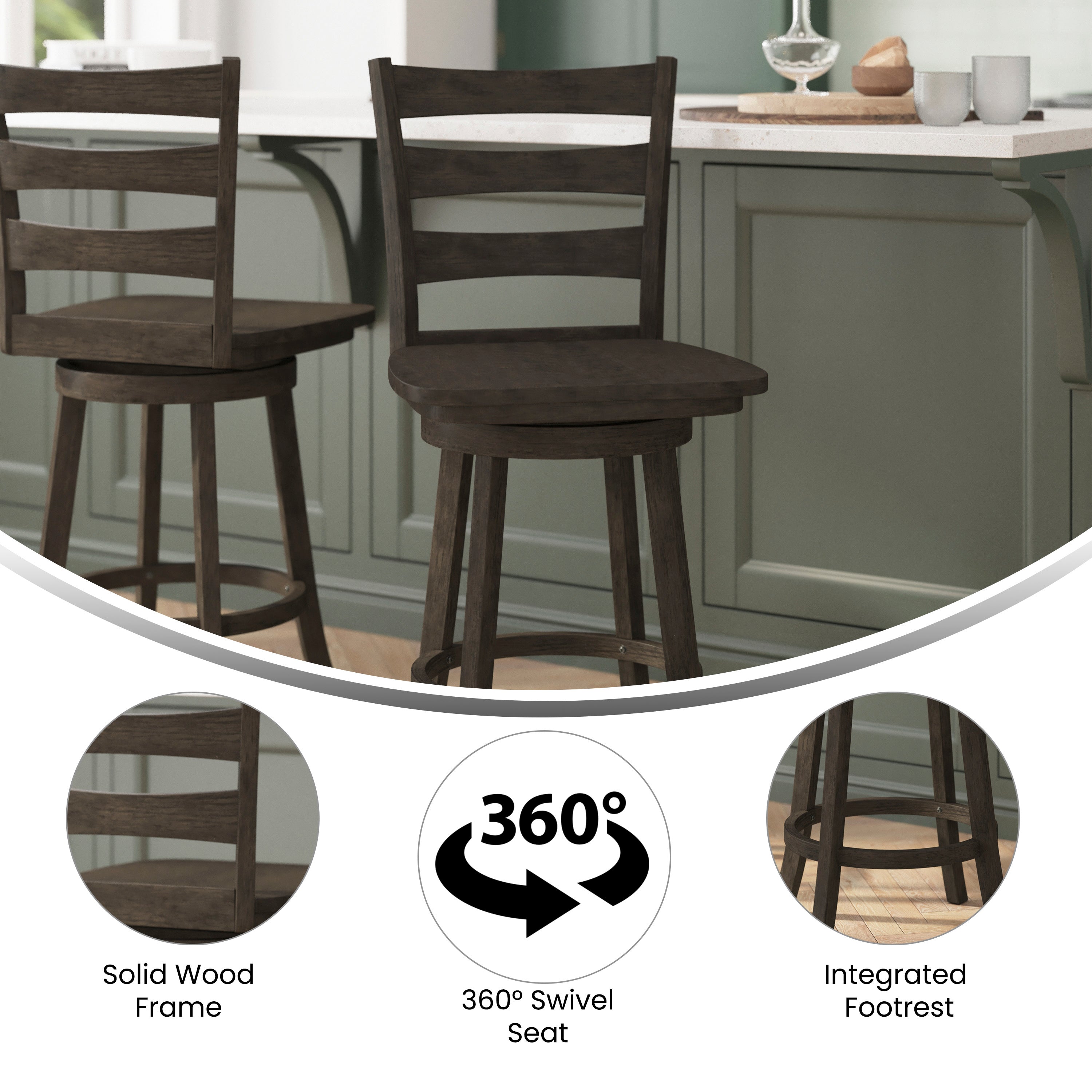 Liesel Wooden Classic Ladderback Swivel Counter Height Barstool with Solid Wood Seat