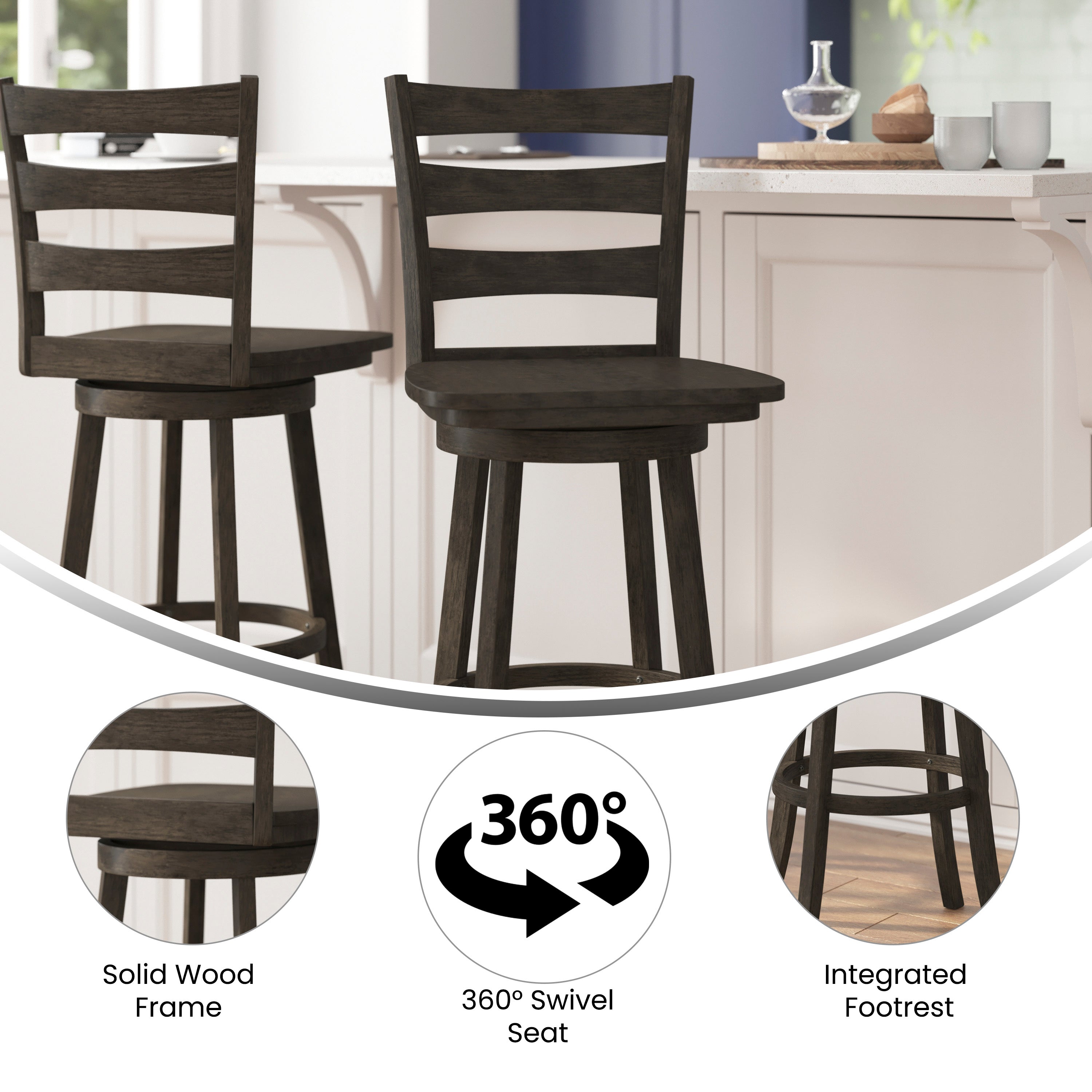 Liesel Wooden Classic Ladderback Swivel Bar Height Barstool with Solid Wood Seat