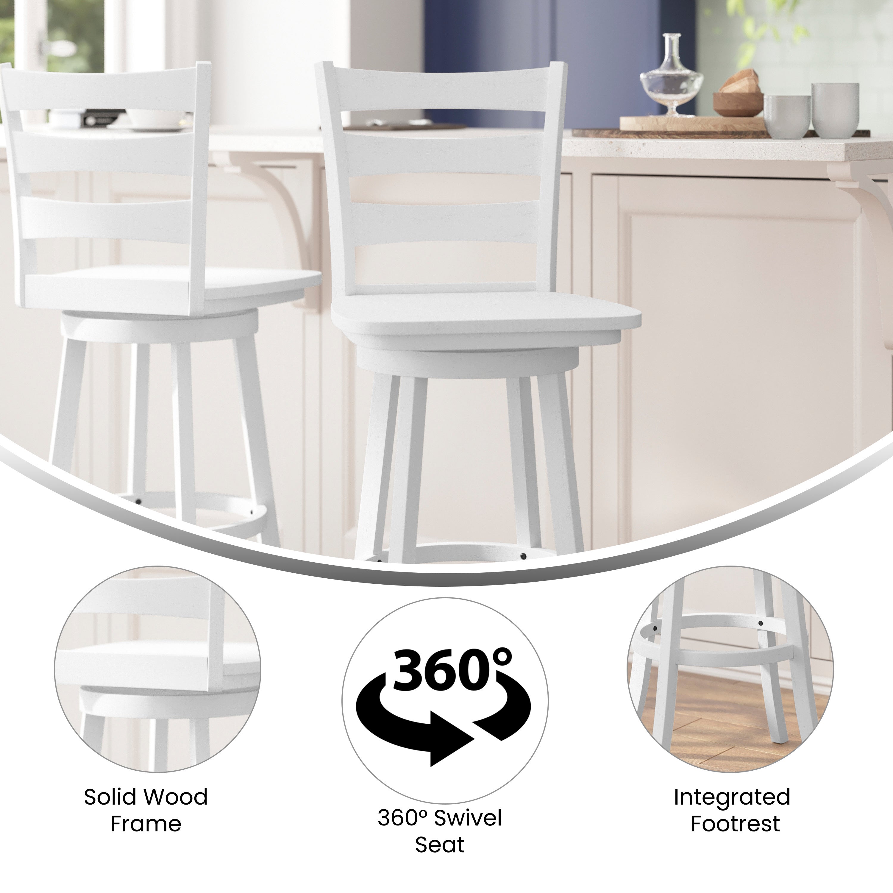 Liesel Wooden Classic Ladderback Swivel Bar Height Barstool with Solid Wood Seat