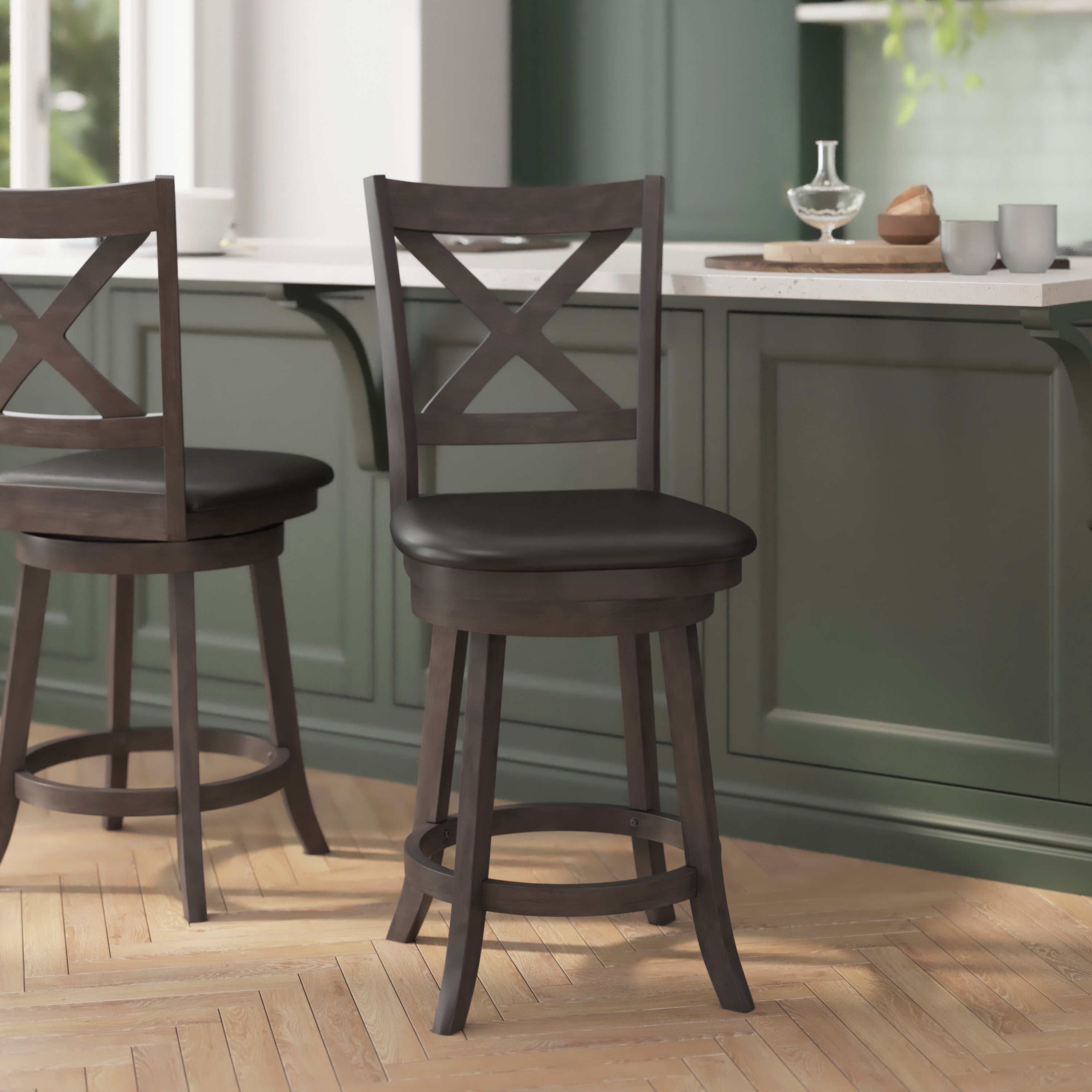 Felicity Wood Classic Crossback Swivel Counter Height Barstool with Padded, Upholstered Seat
