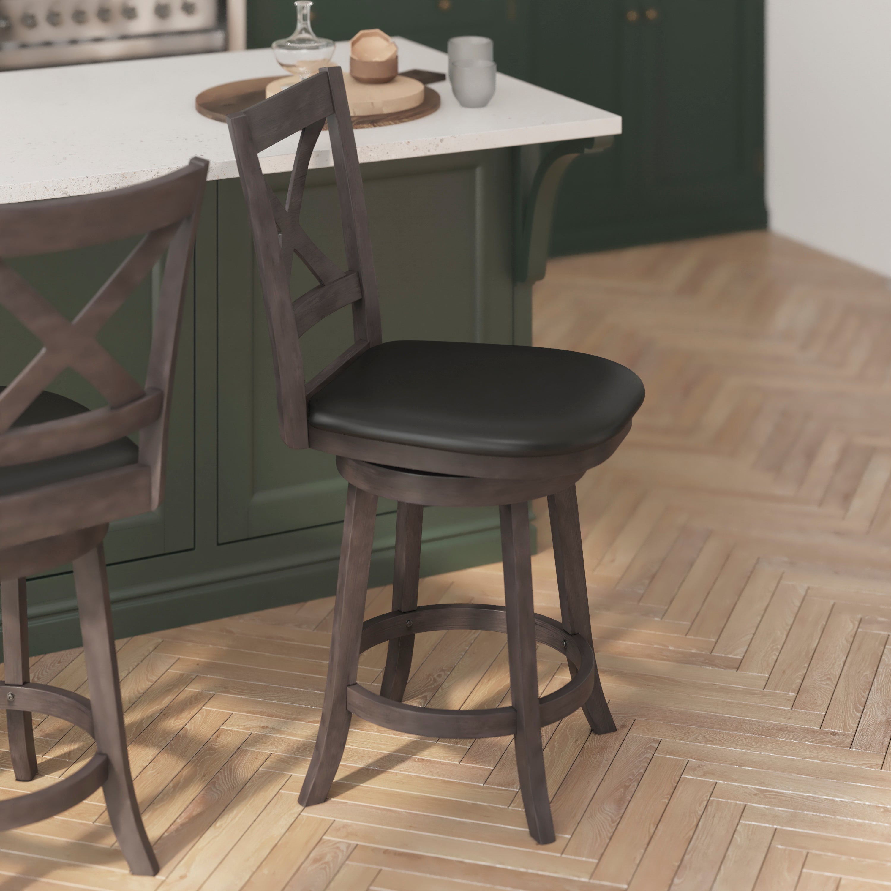 Felicity Wood Classic Crossback Swivel Counter Height Barstool with Padded, Upholstered Seat