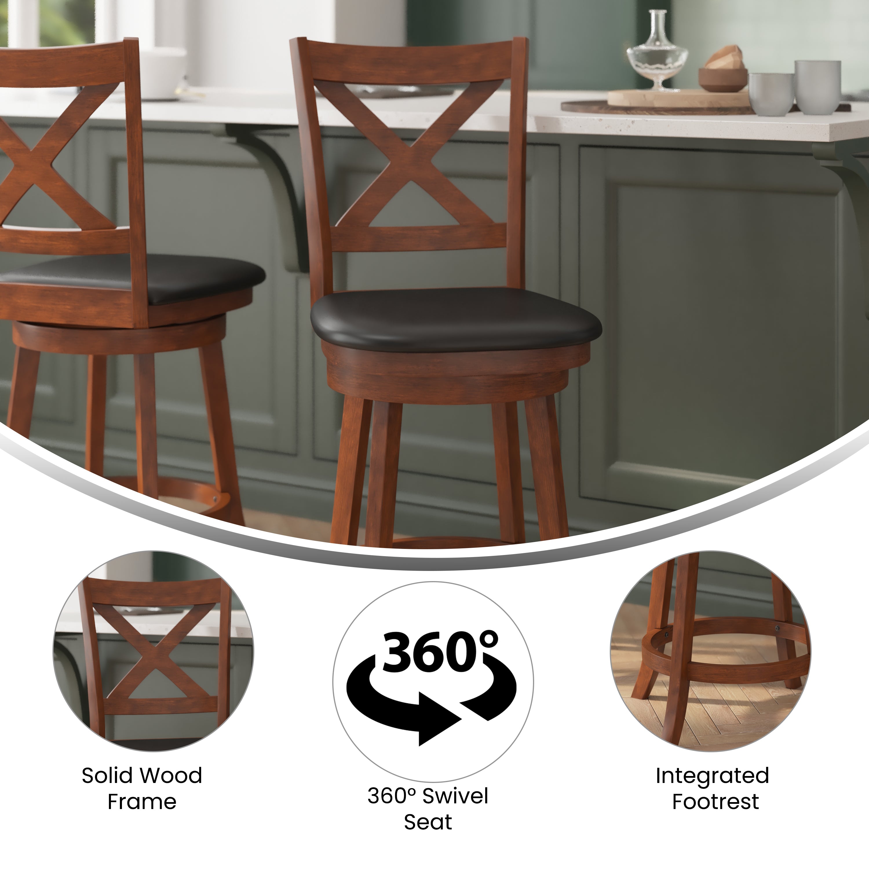 Felicity Wood Classic Crossback Swivel Counter Height Barstool with Padded, Upholstered Seat