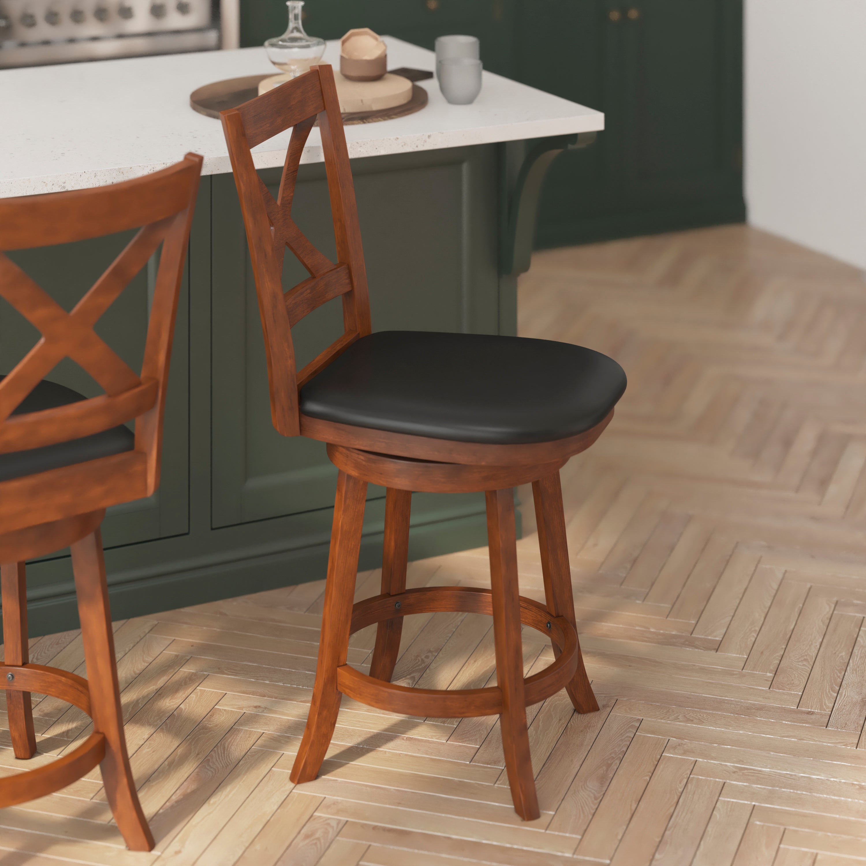 Felicity Wood Classic Crossback Swivel Counter Height Barstool with Padded, Upholstered Seat