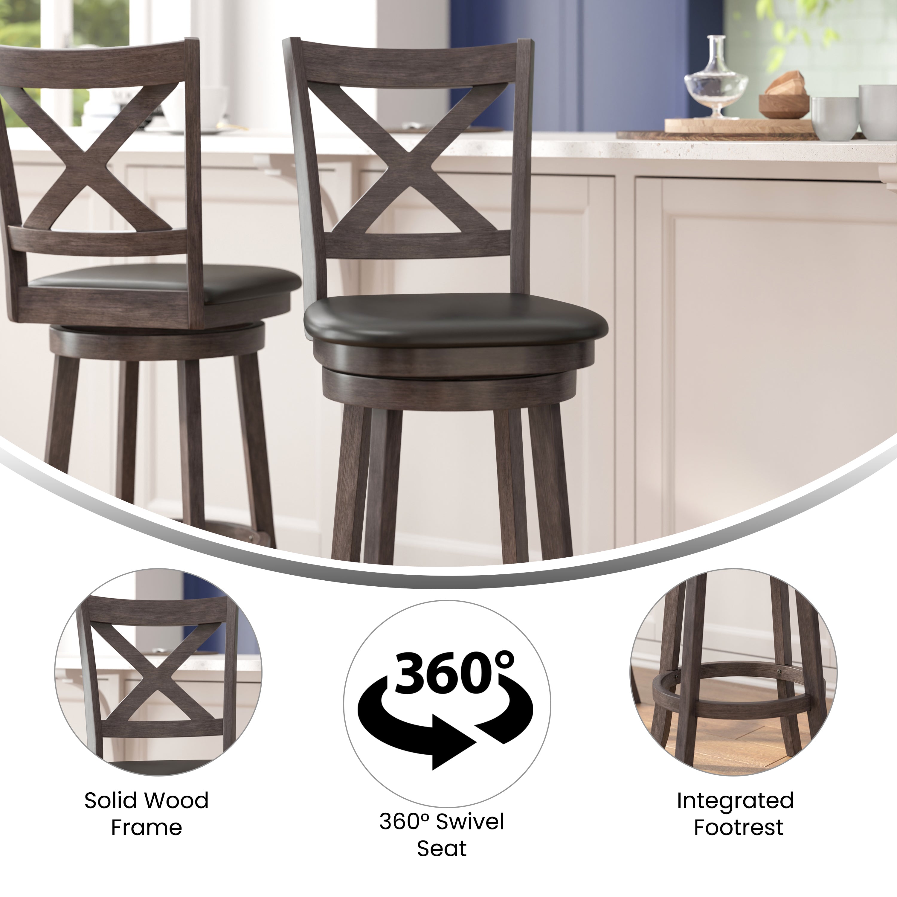 Felicity Wood Classic Crossback Swivel Bar Height Barstool with Padded, Upholstered Seat