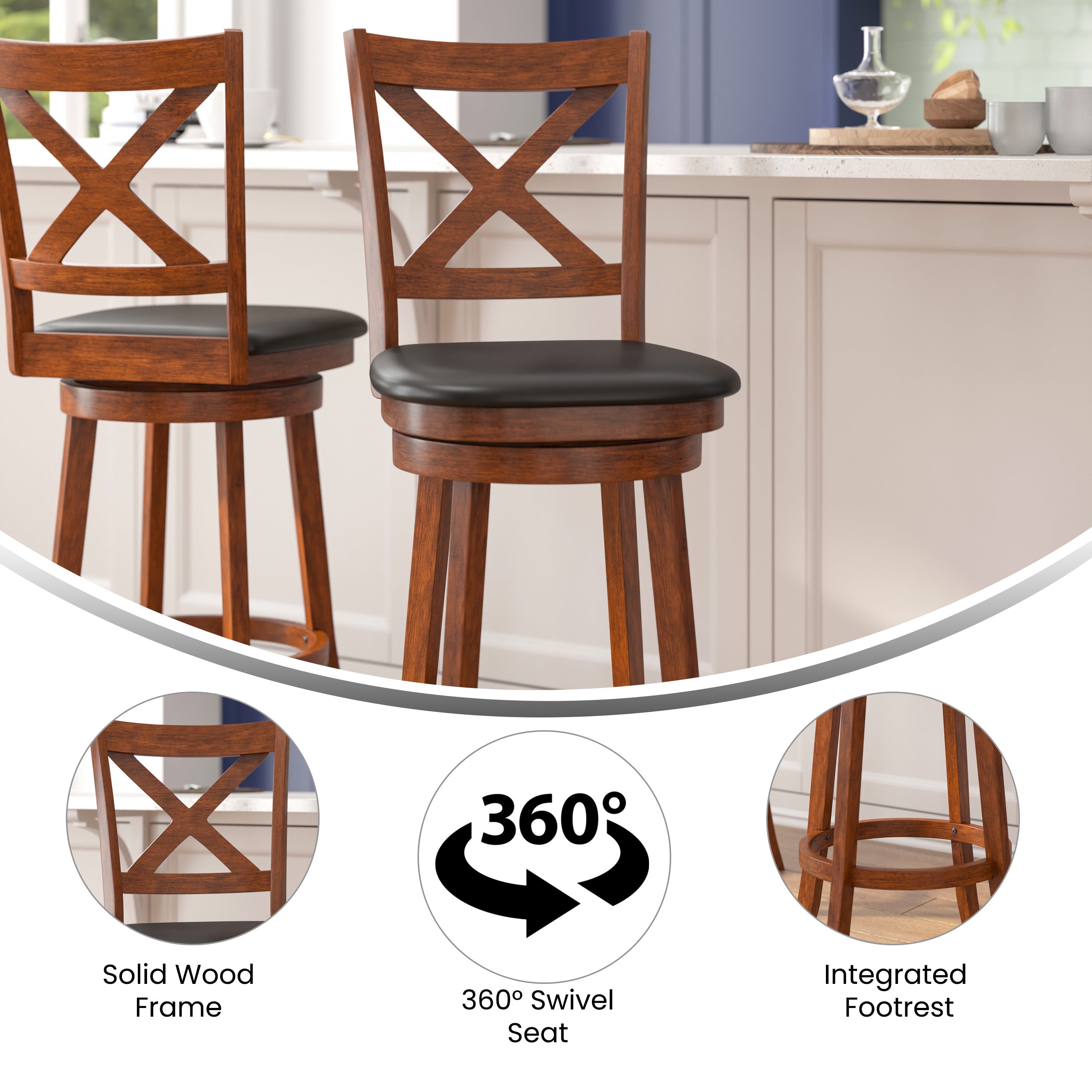 Felicity Wood Classic Crossback Swivel Bar Height Barstool with Padded, Upholstered Seat