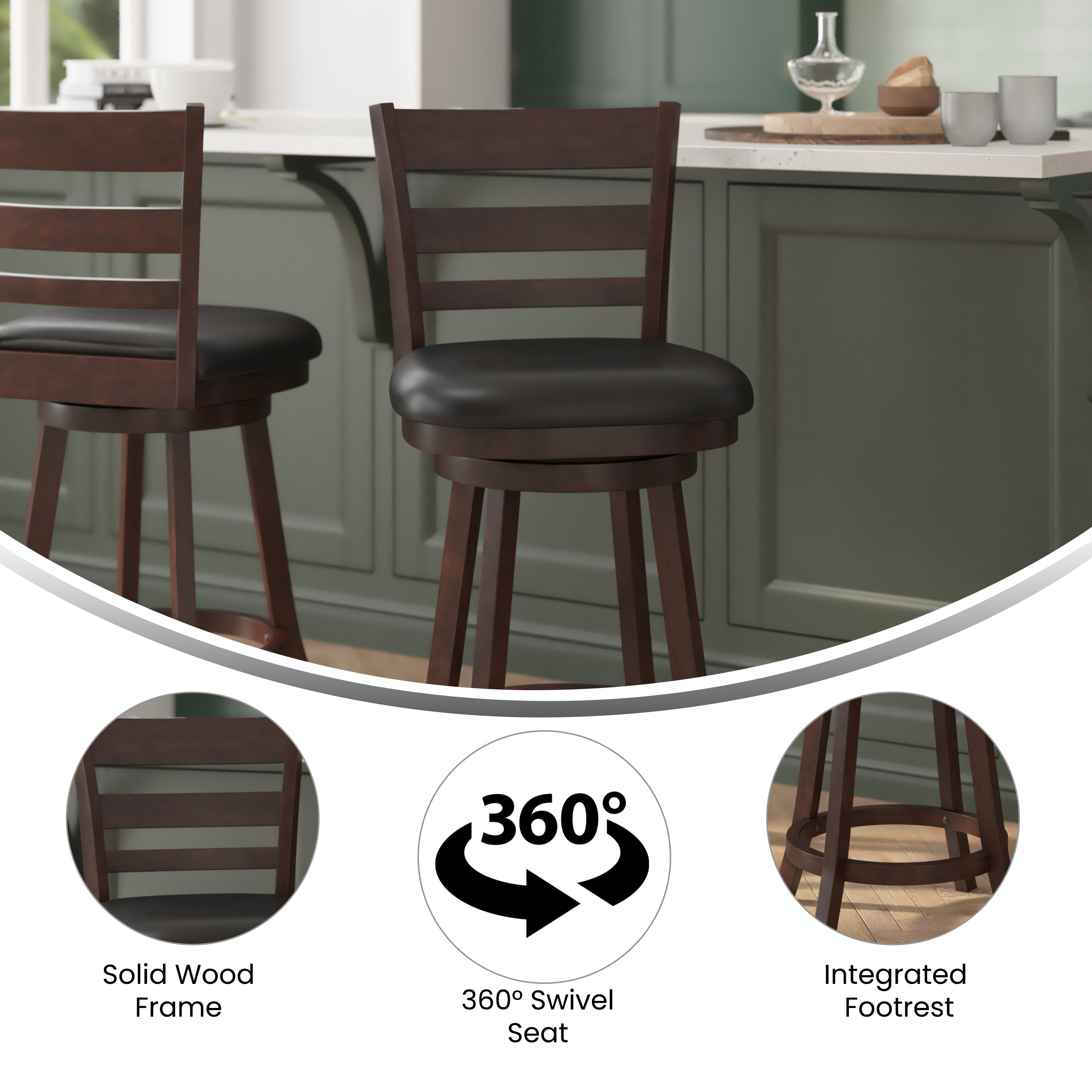 Zerrick Wood Classic Ladderback Swivel Counter Height Barstool with Padded, Upholstered Seat