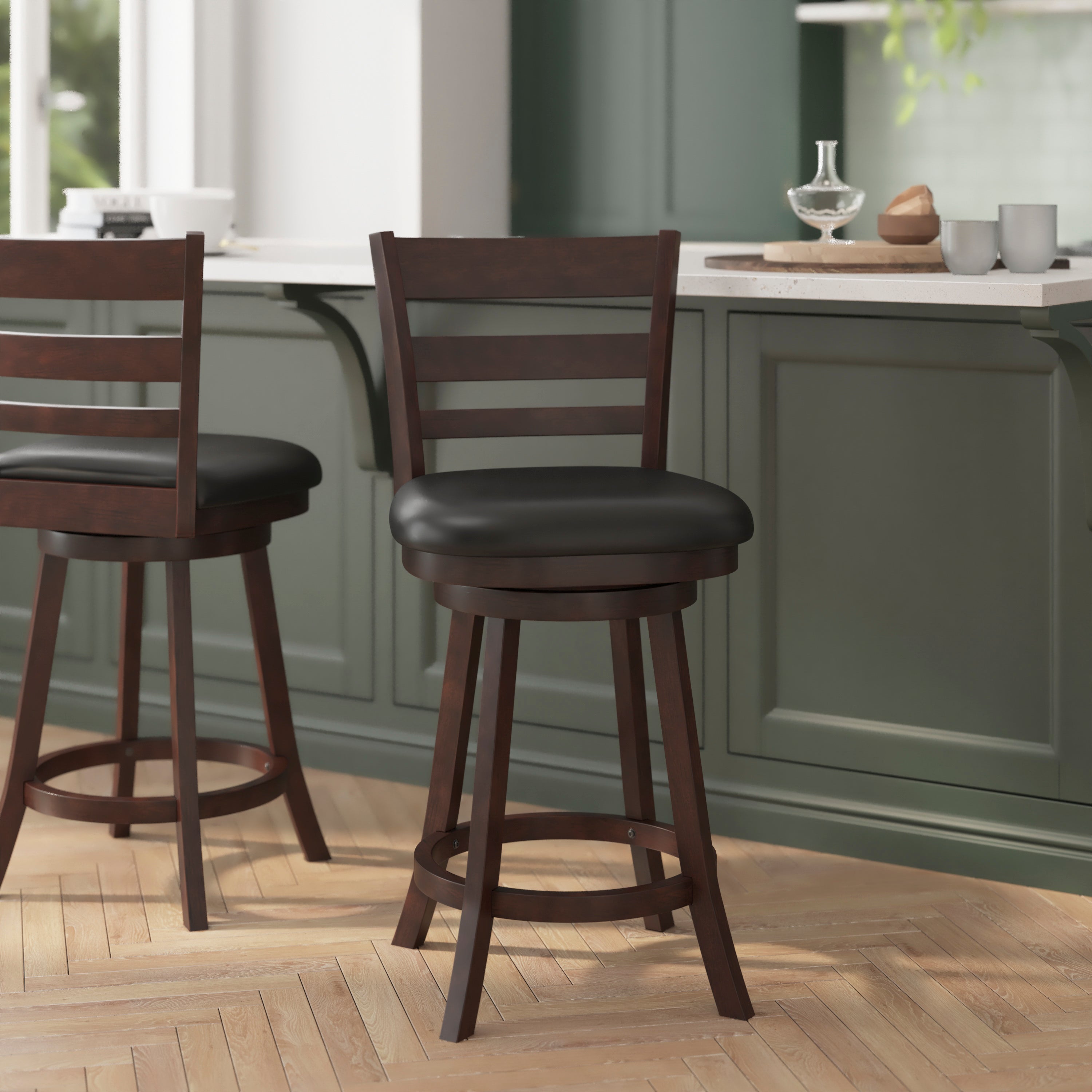 Zerrick Wood Classic Ladderback Swivel Counter Height Barstool with Padded, Upholstered Seat