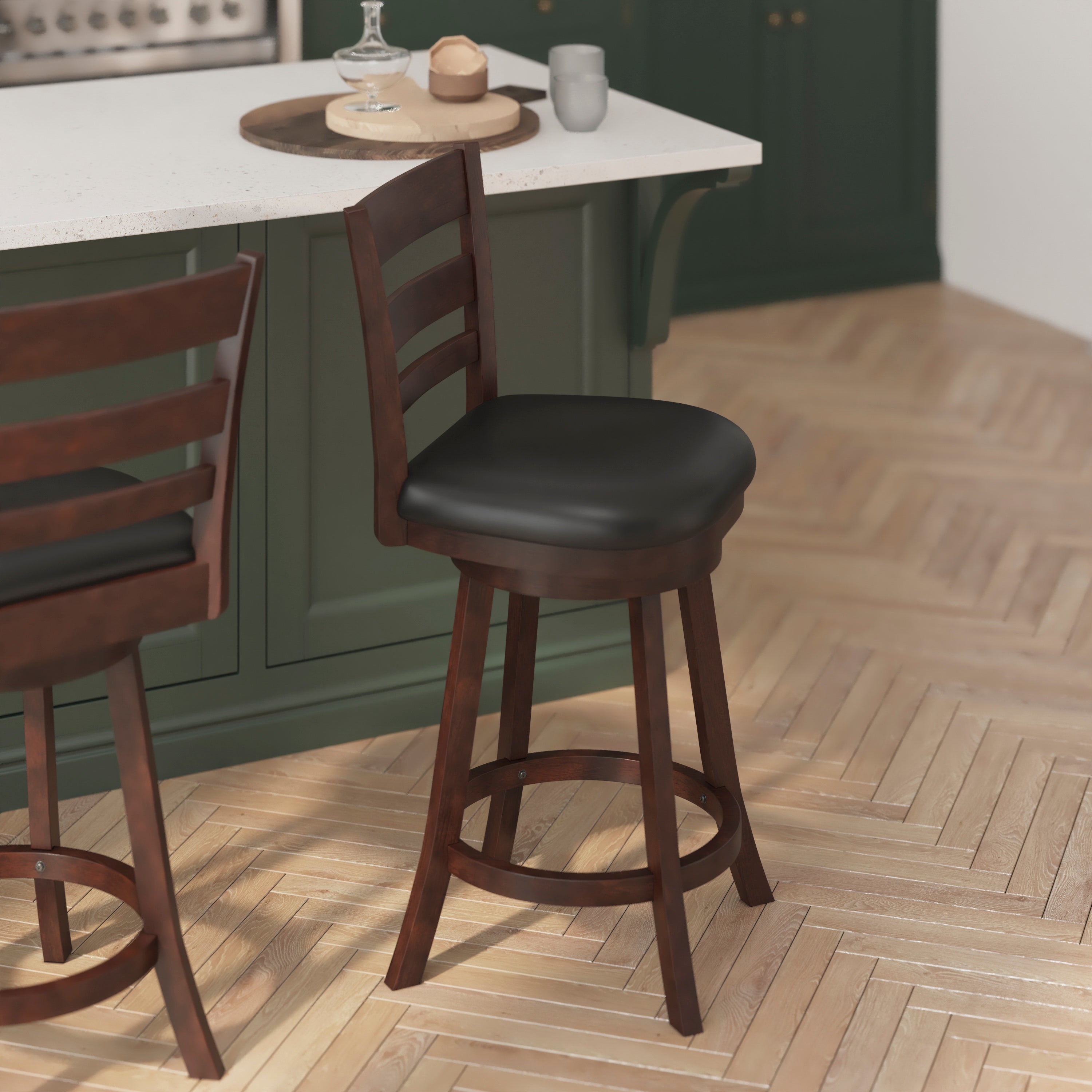 Zerrick Wood Classic Ladderback Swivel Counter Height Barstool with Padded, Upholstered Seat
