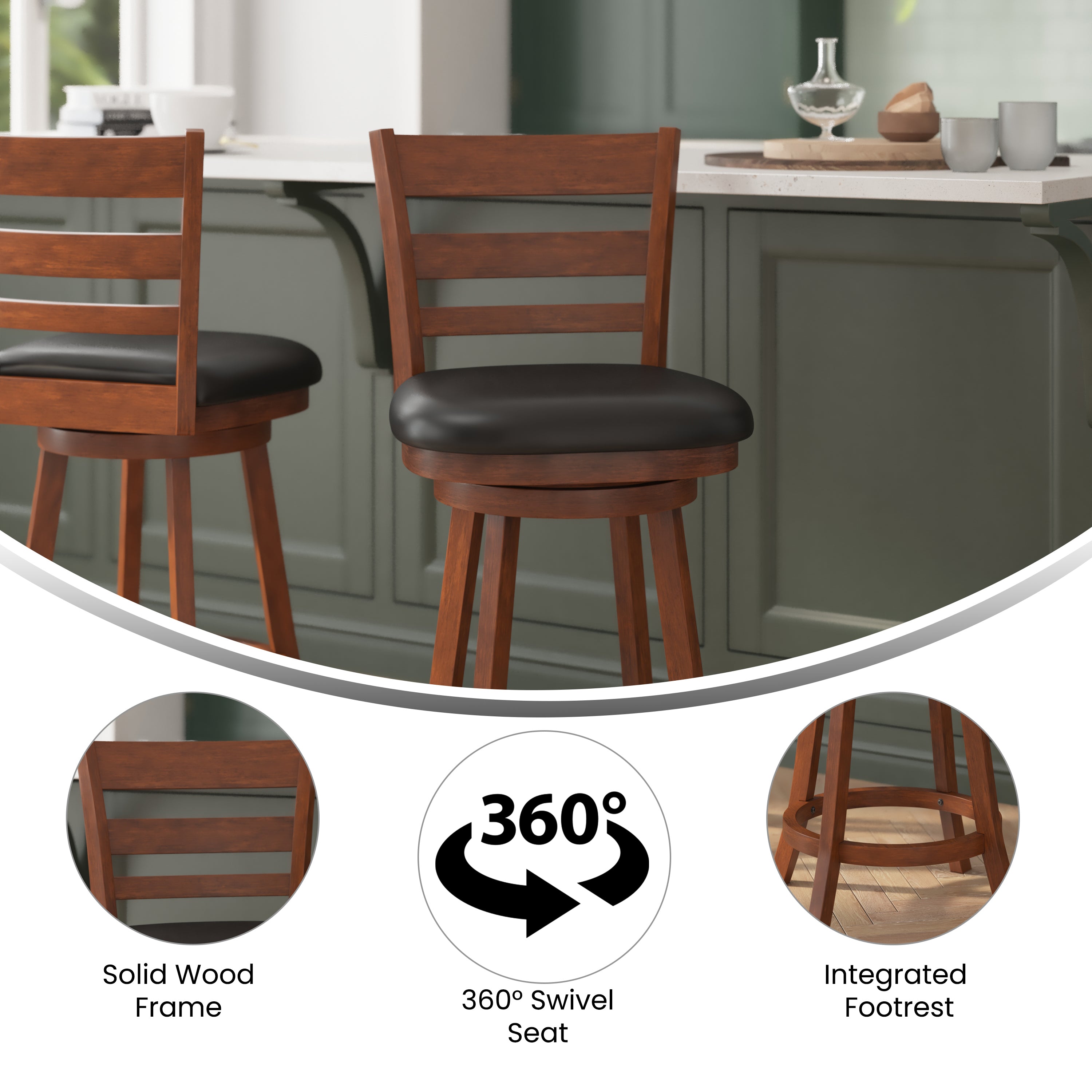 Zerrick Wood Classic Ladderback Swivel Counter Height Barstool with Padded, Upholstered Seat