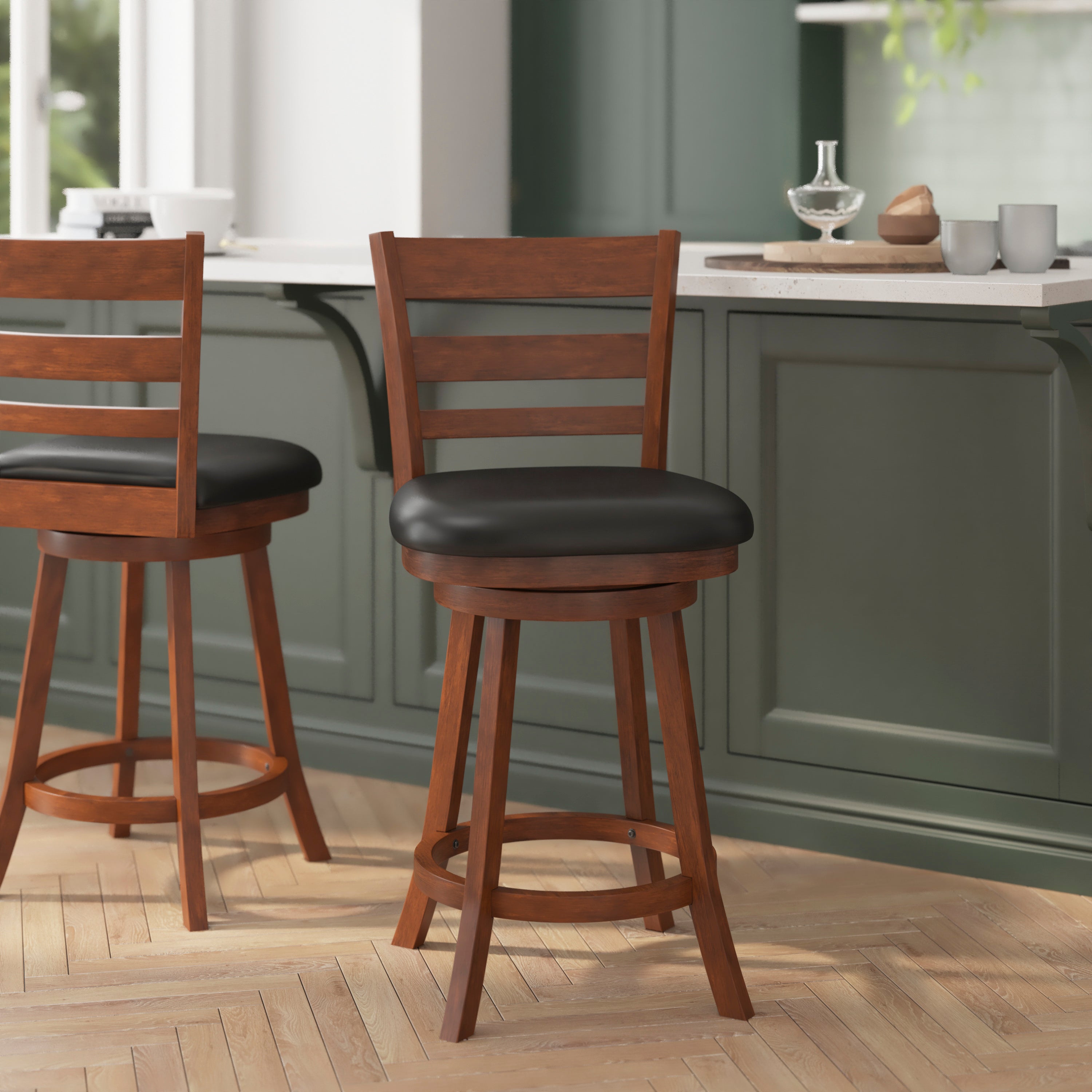 Zerrick Wood Classic Ladderback Swivel Counter Height Barstool with Padded, Upholstered Seat