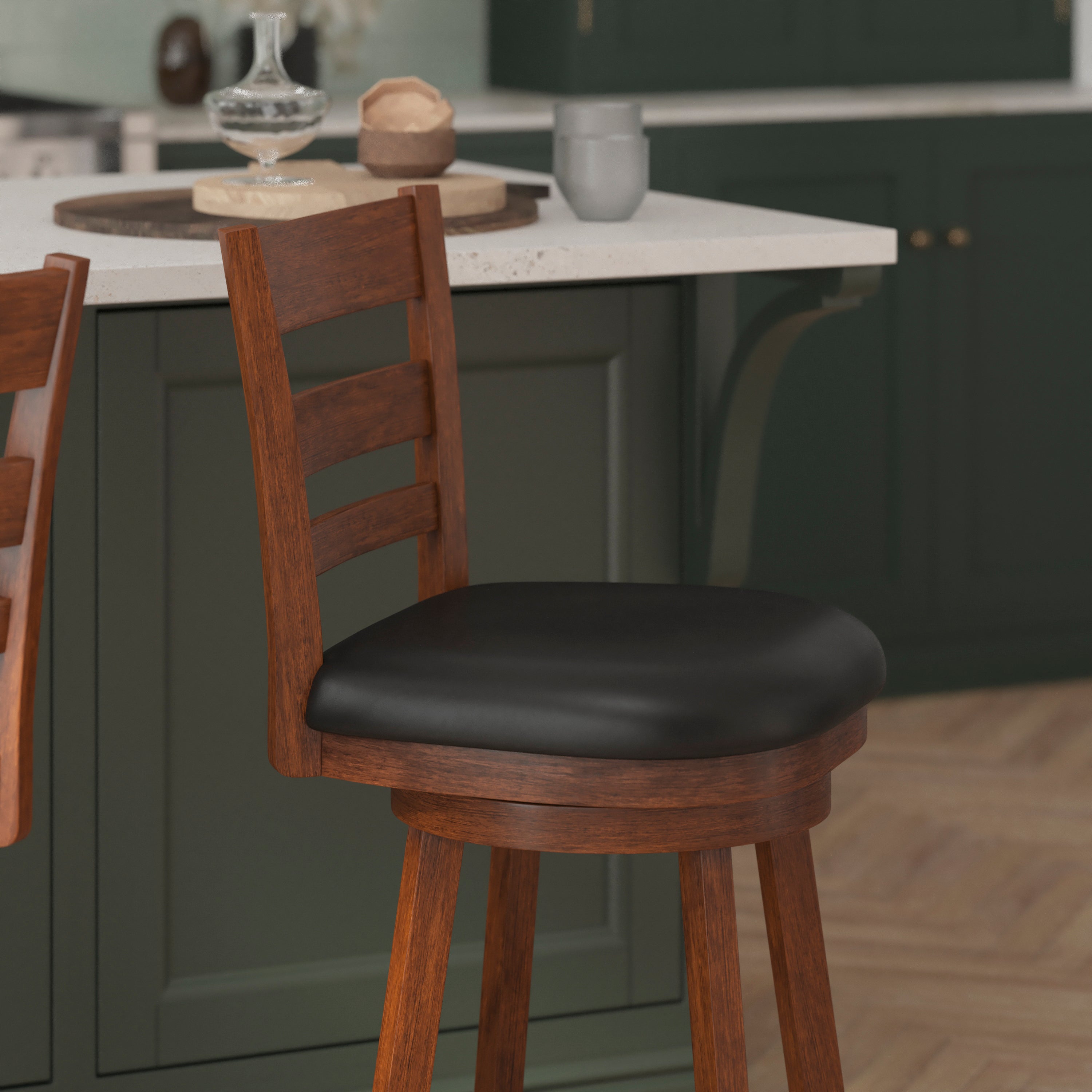 Zerrick Wood Classic Ladderback Swivel Counter Height Barstool with Padded, Upholstered Seat