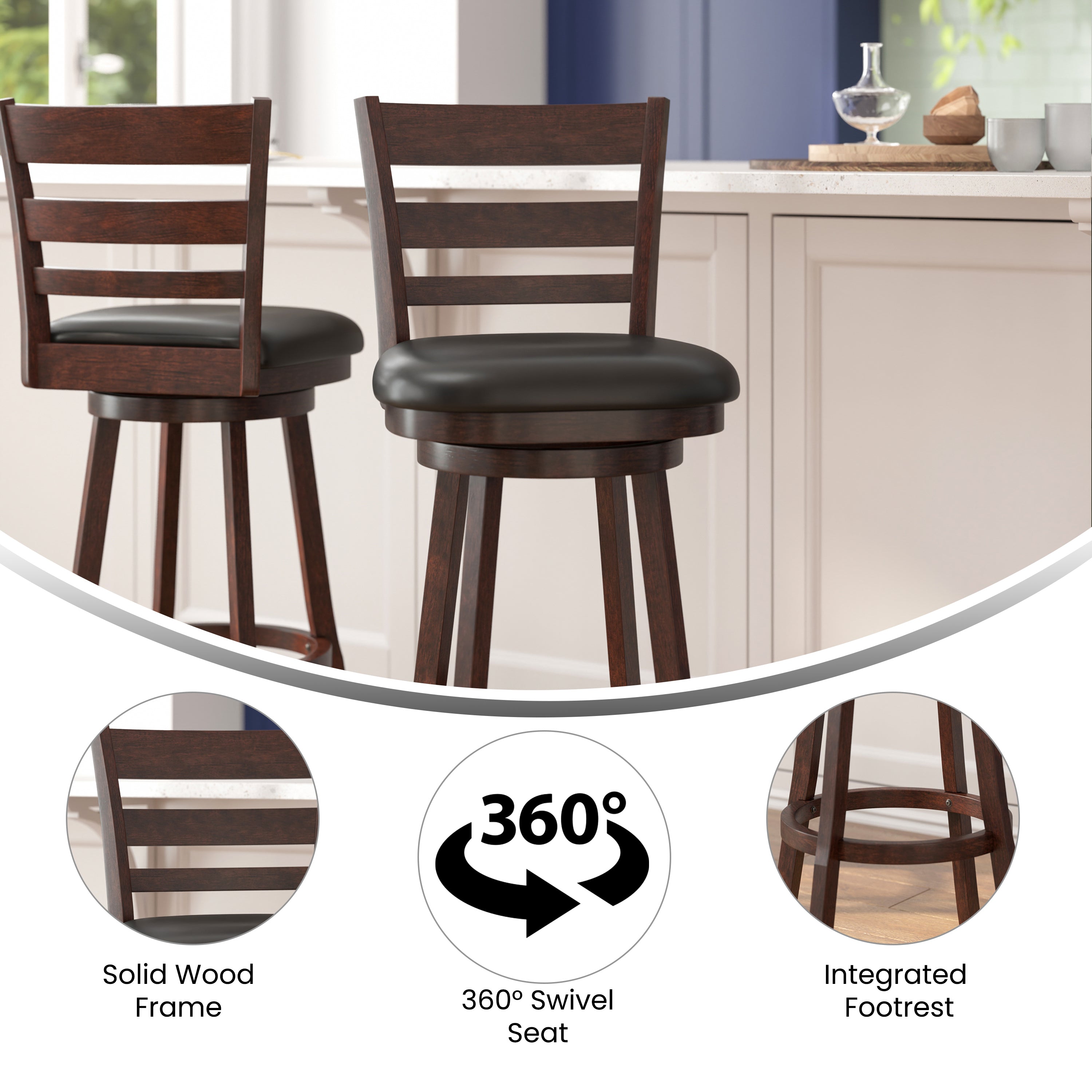 Zerrick Wood Classic Ladderback Swivel Bar Height Barstool with Padded, Upholstered Seat
