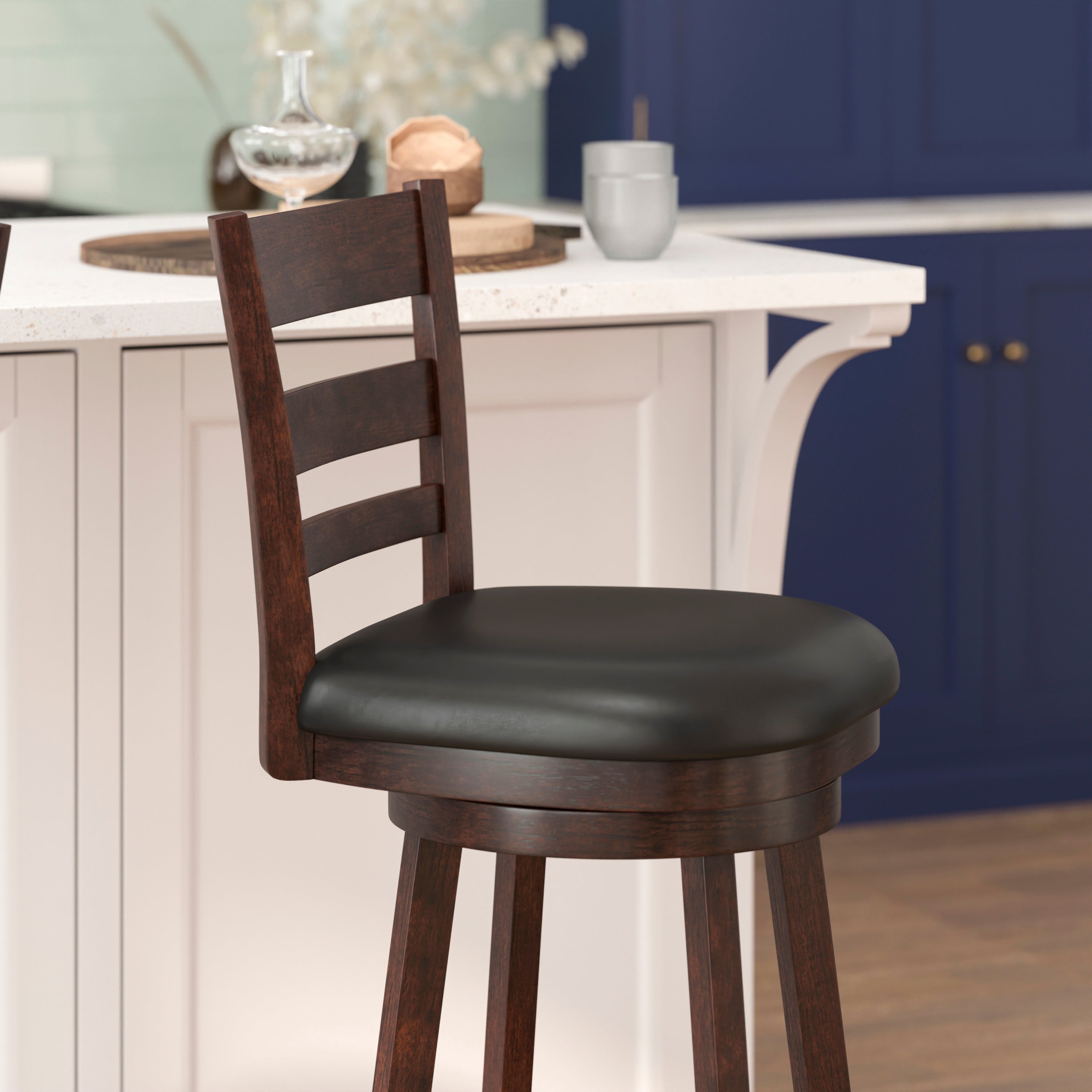 Zerrick Wood Classic Ladderback Swivel Bar Height Barstool with Padded, Upholstered Seat