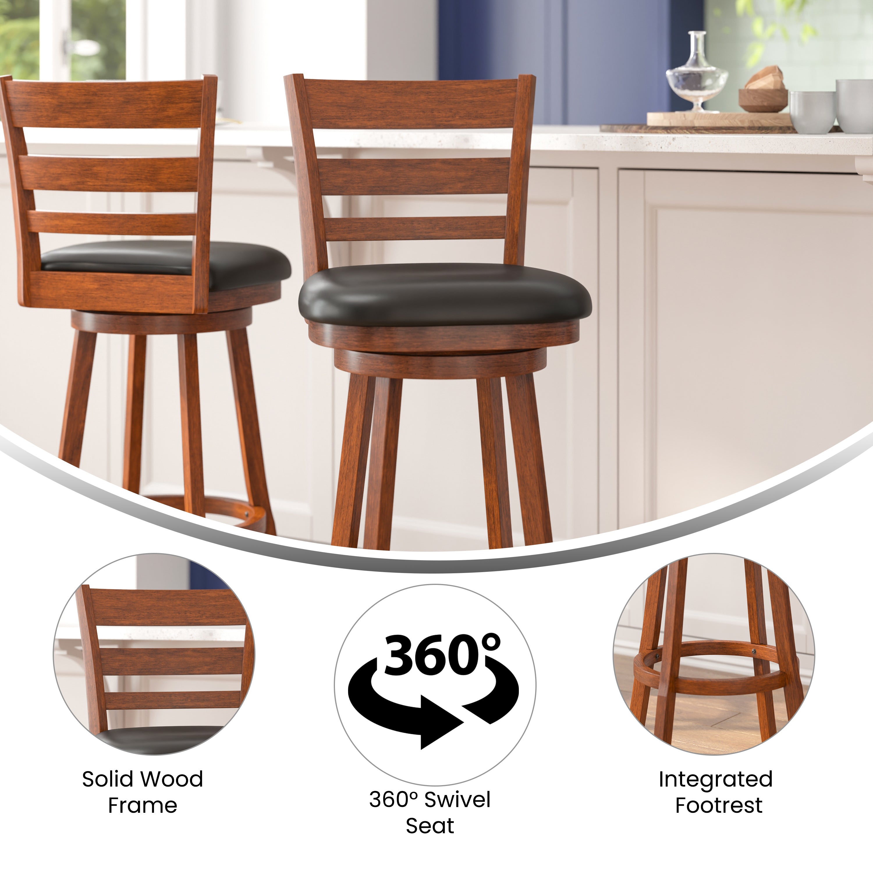 Zerrick Wood Classic Ladderback Swivel Bar Height Barstool with Padded, Upholstered Seat
