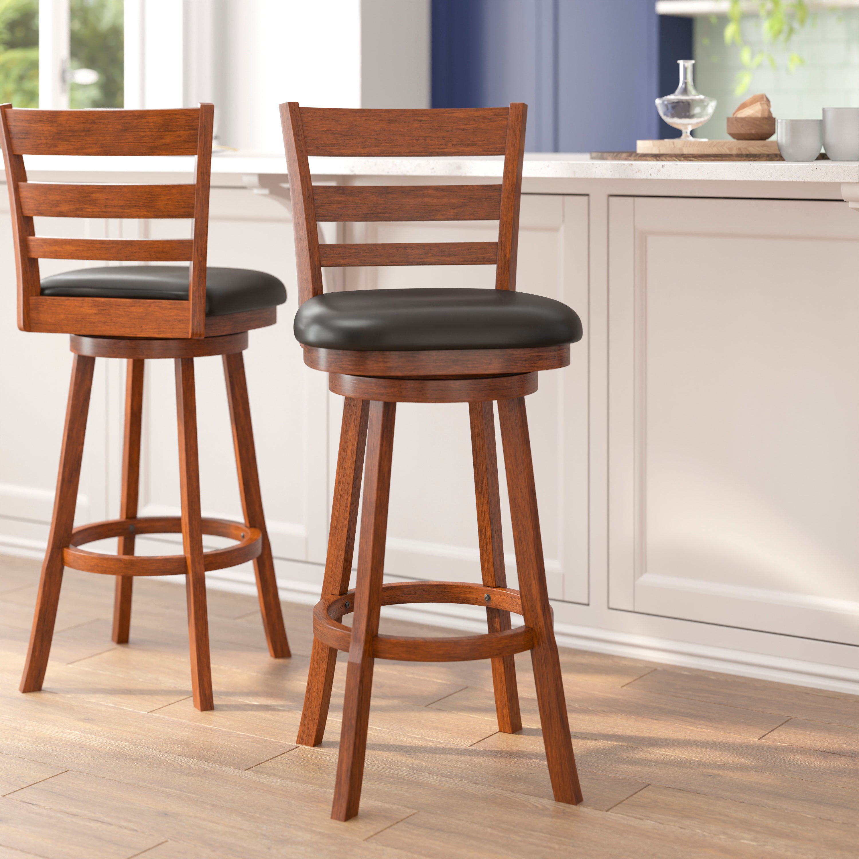 Zerrick Wood Classic Ladderback Swivel Bar Height Barstool with Padded, Upholstered Seat