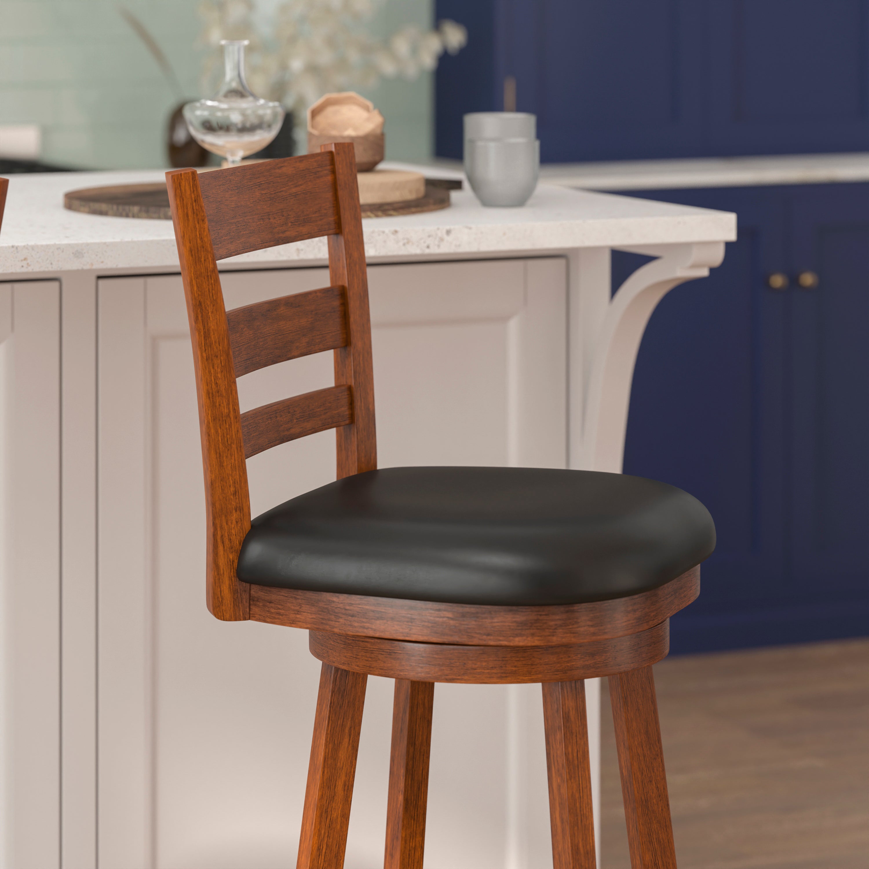 Zerrick Wood Classic Ladderback Swivel Bar Height Barstool with Padded, Upholstered Seat