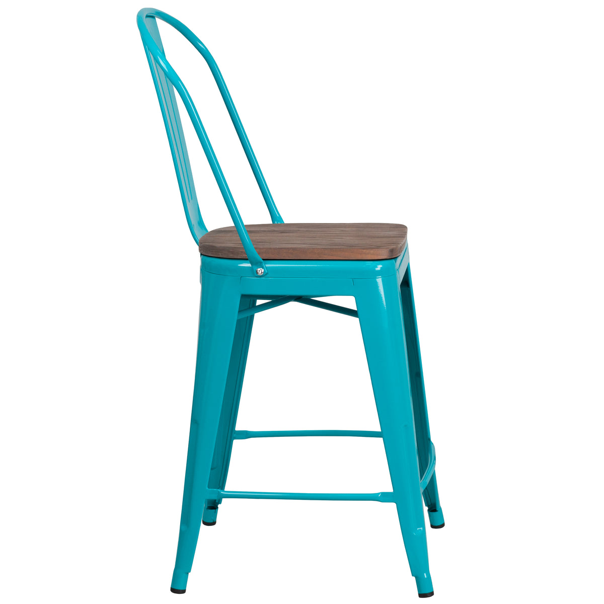 24" High Metal Counter Height Stool with Back and Wood Seat