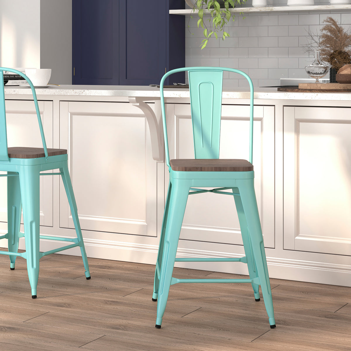 24" High Metal Counter Height Stool with Back and Wood Seat