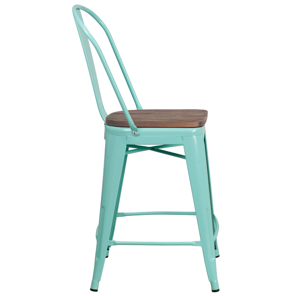24" High Metal Counter Height Stool with Back and Wood Seat
