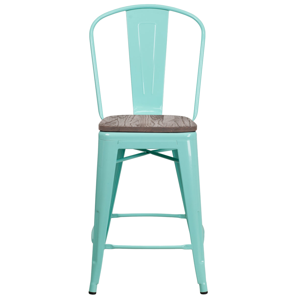 24" High Metal Counter Height Stool with Back and Wood Seat