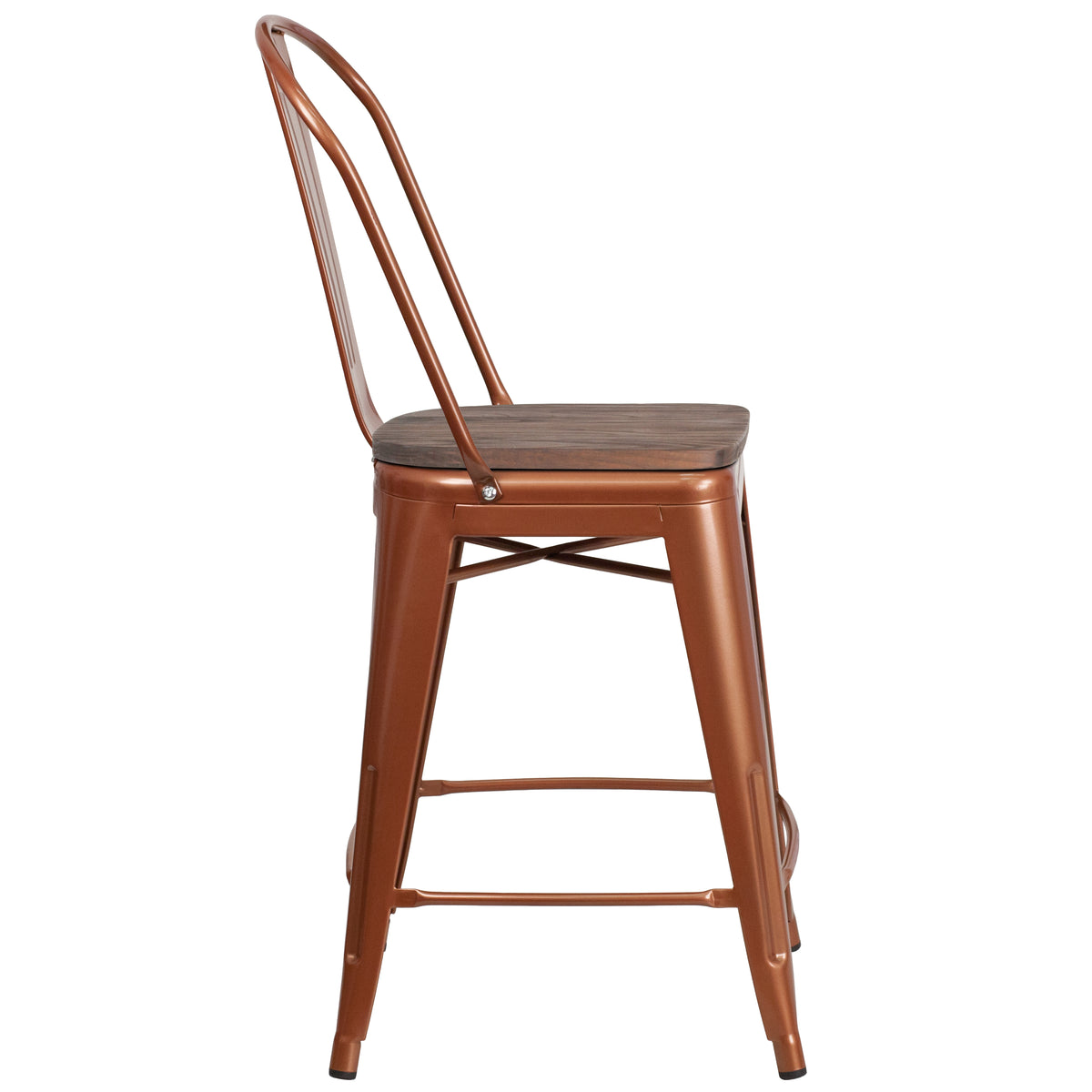 24" High Metal Counter Height Stool with Back and Wood Seat