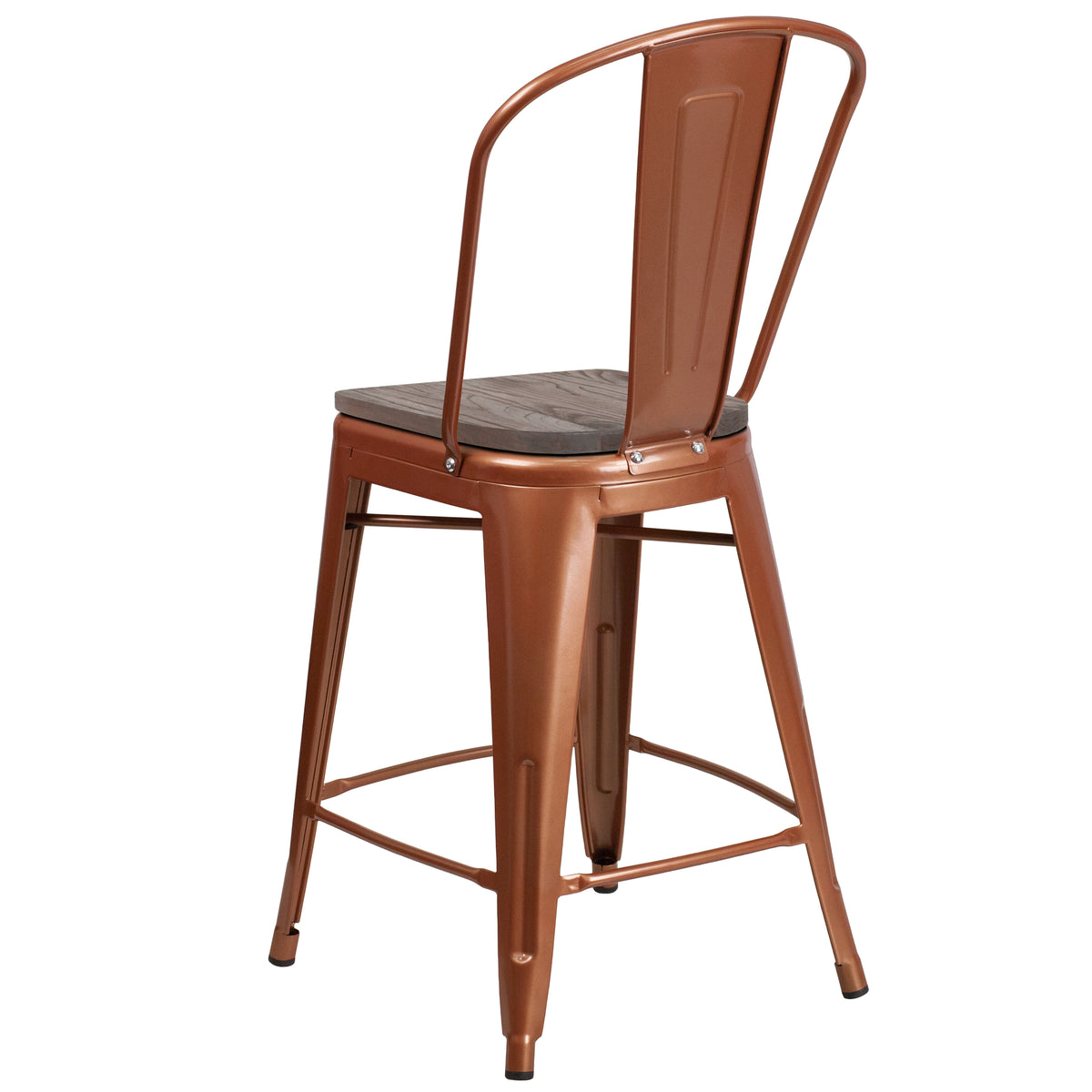24" High Metal Counter Height Stool with Back and Wood Seat