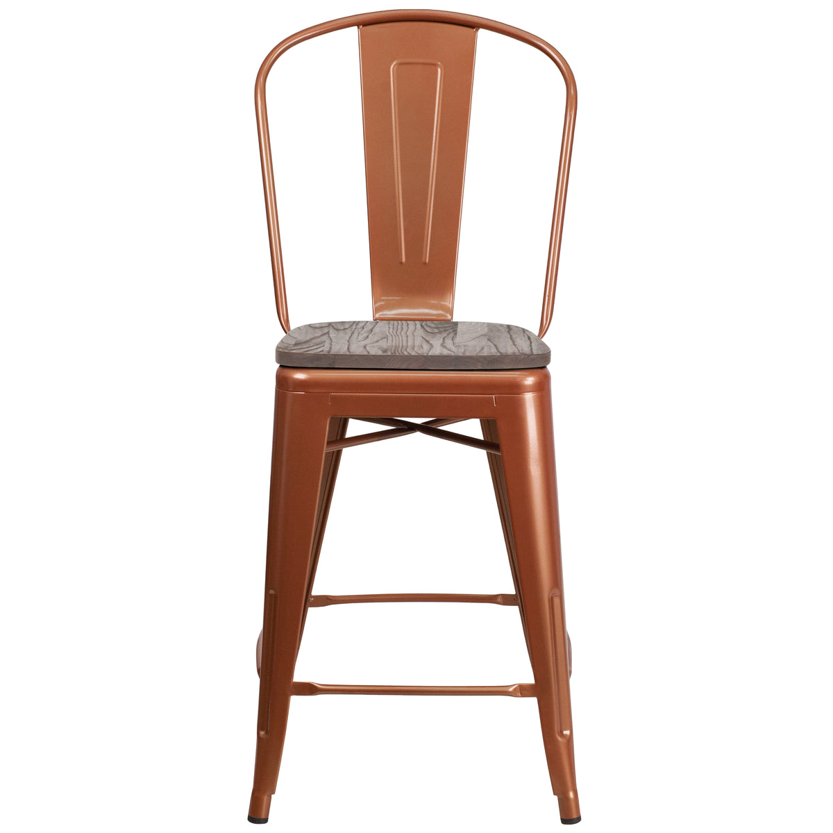 24" High Metal Counter Height Stool with Back and Wood Seat