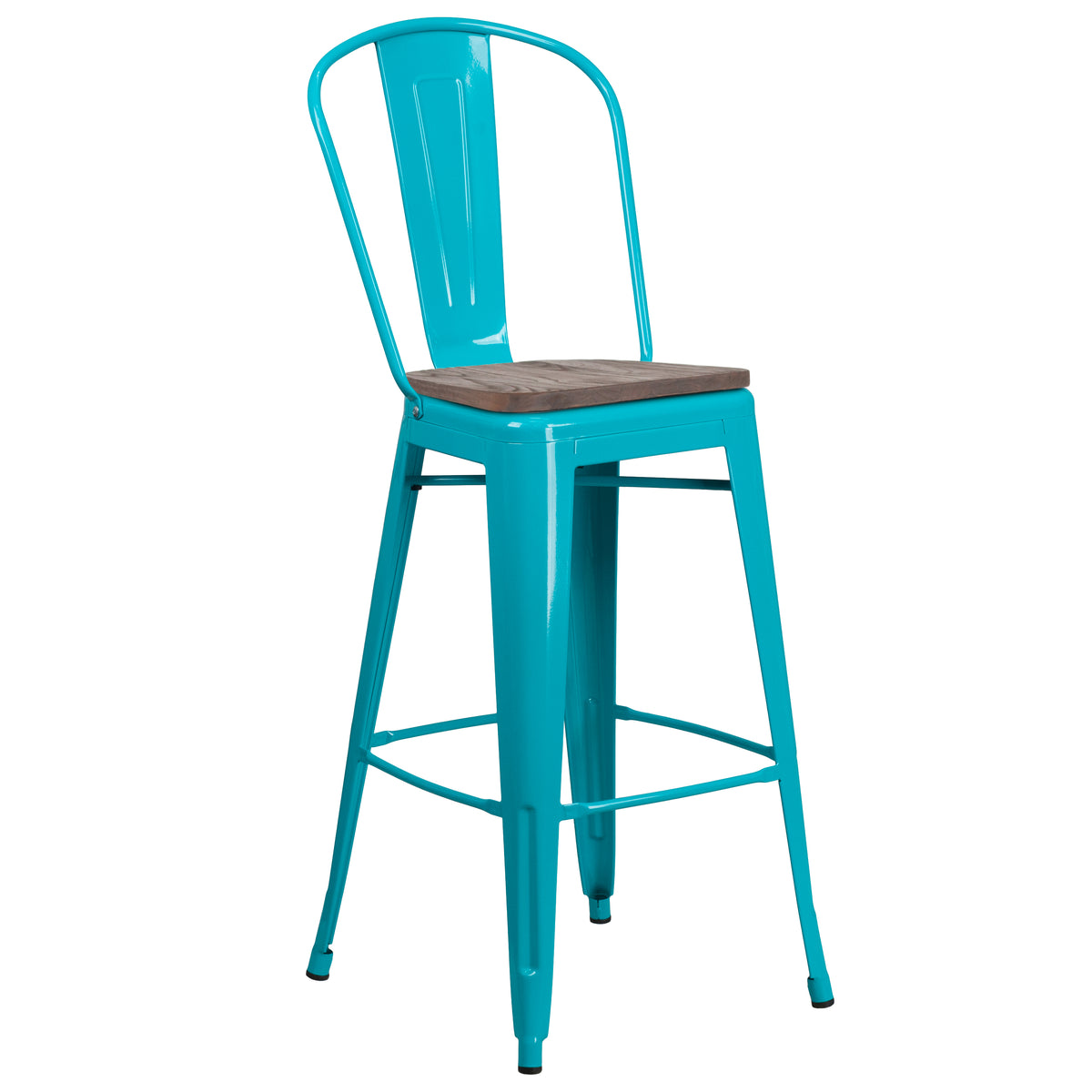 30" High Metal Barstool with Back and Wood Seat
