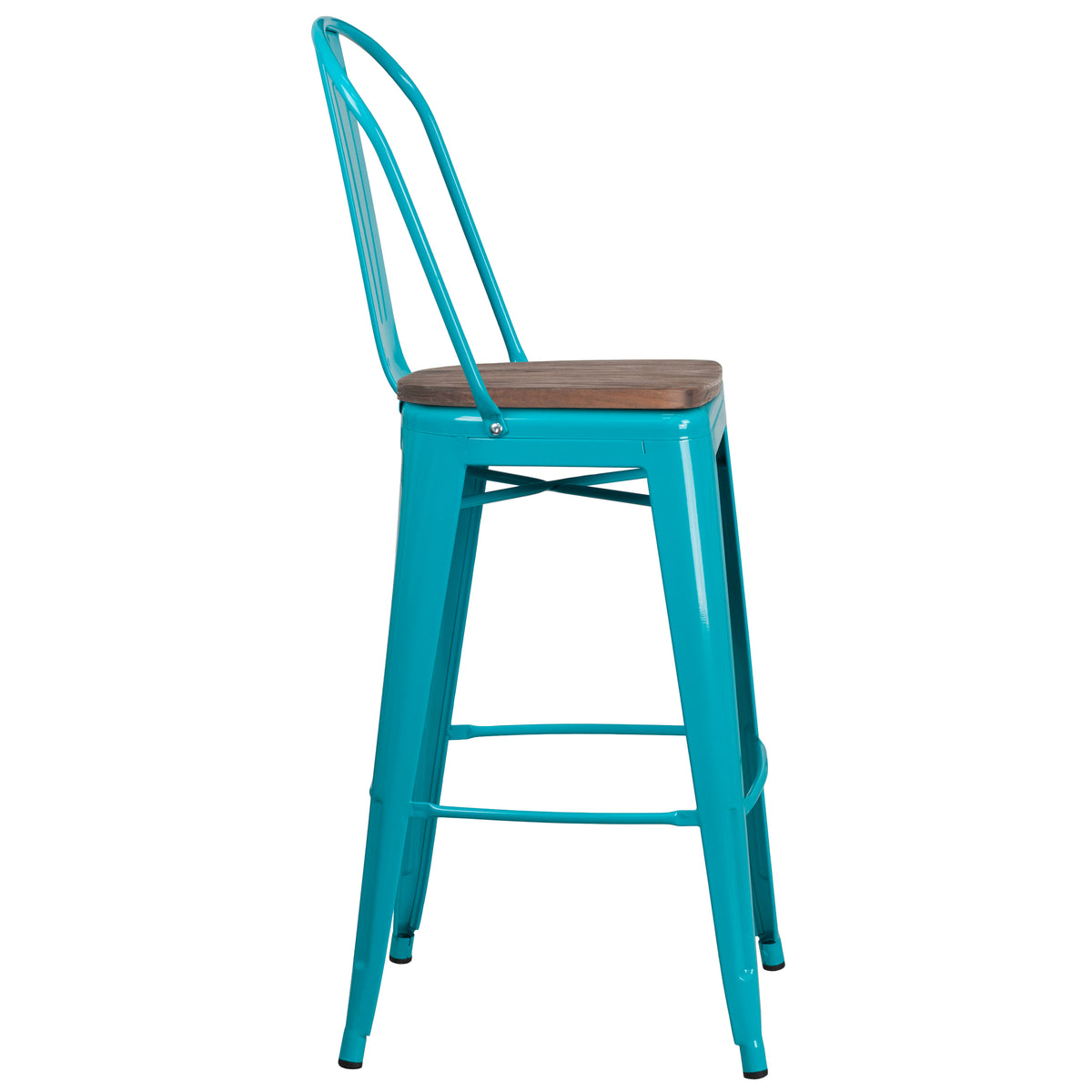 30" High Metal Barstool with Back and Wood Seat