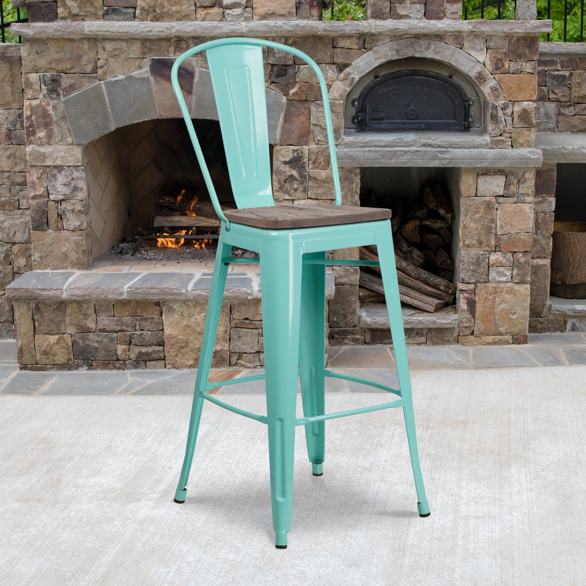30" High Metal Barstool with Back and Wood Seat