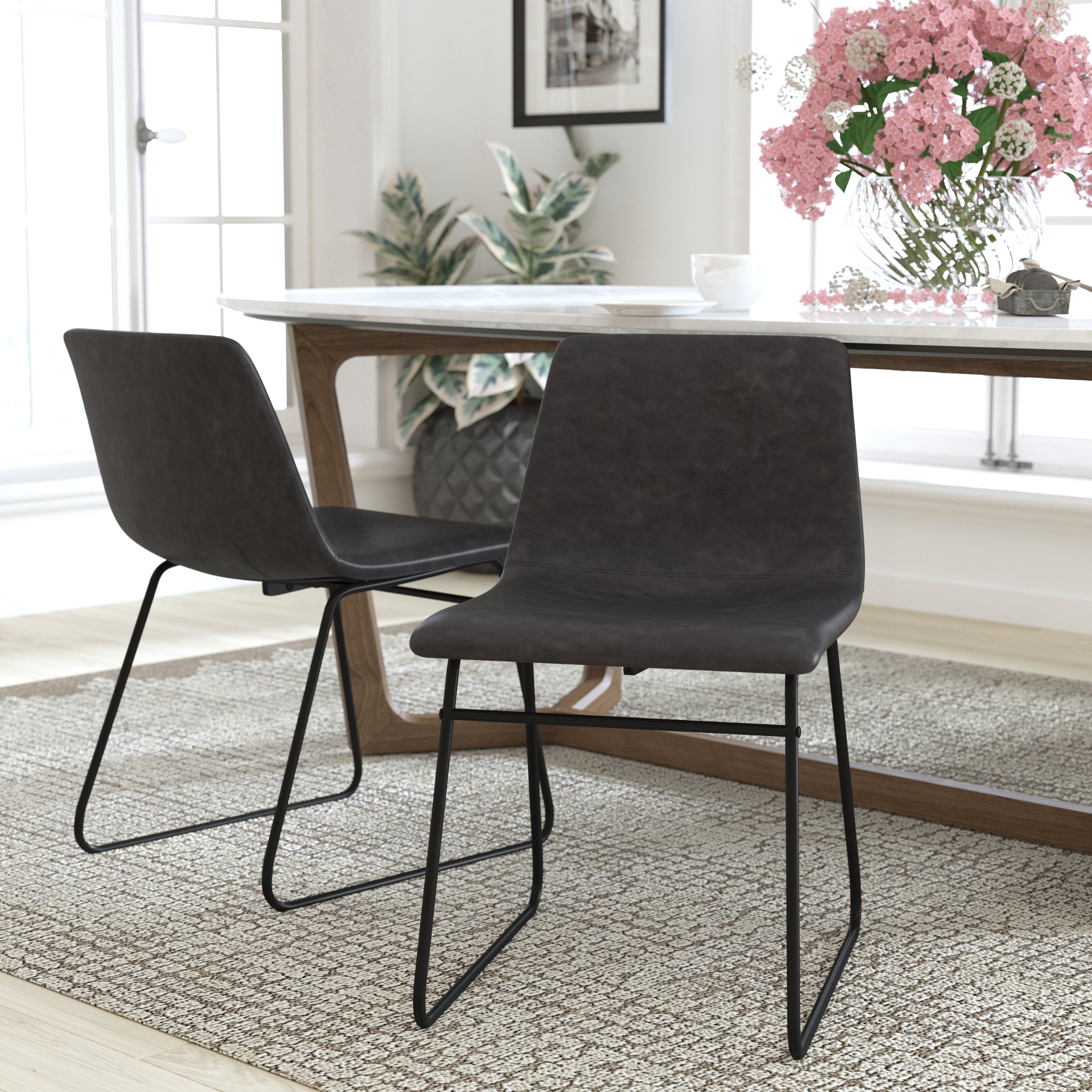 18 Inch Dining Table Height Chair, Mid-Back Sled Base Dining Chair in LeatherSoft Upholstery, Set of 2