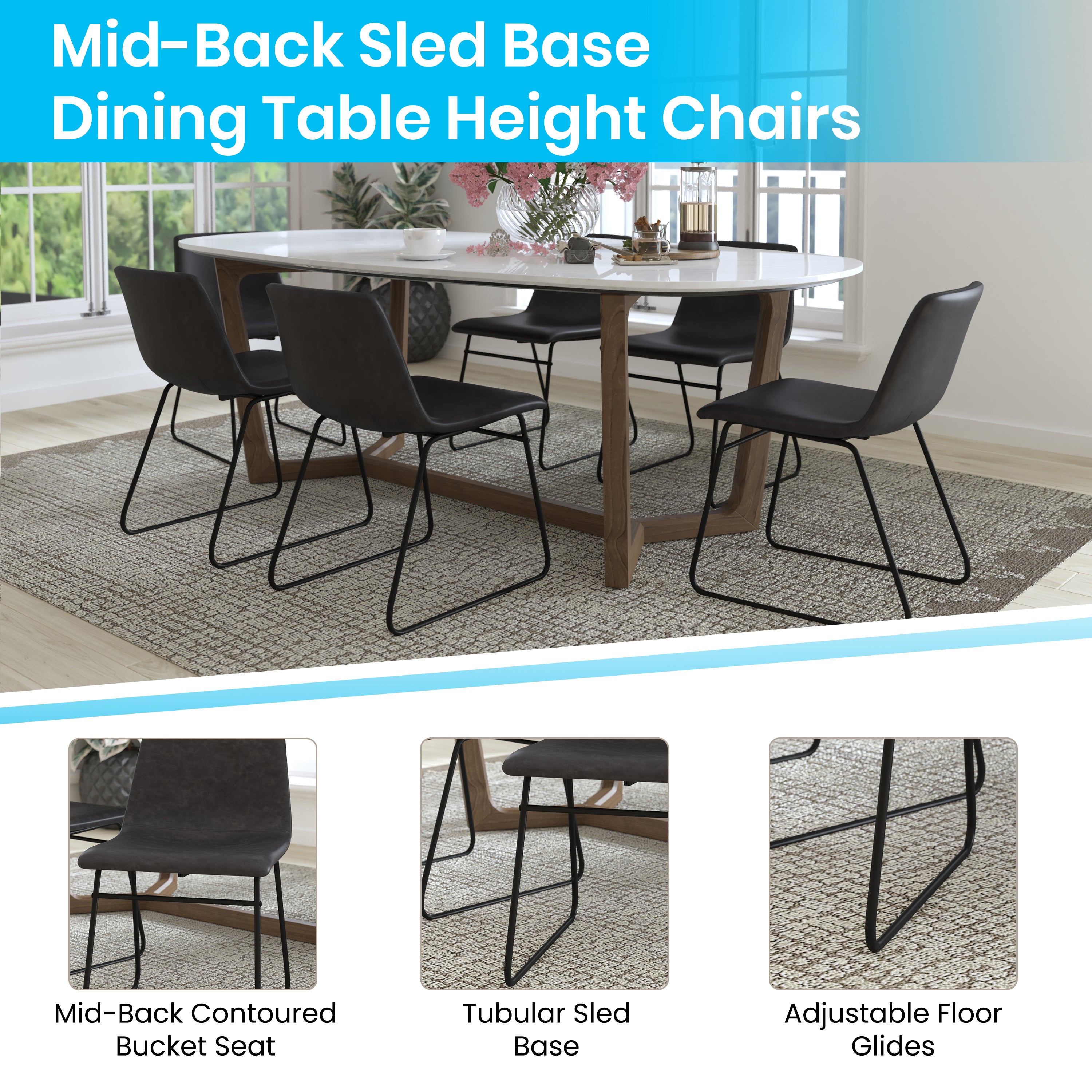 18 Inch Dining Table Height Chair, Mid-Back Sled Base Dining Chair in LeatherSoft Upholstery, Set of 2