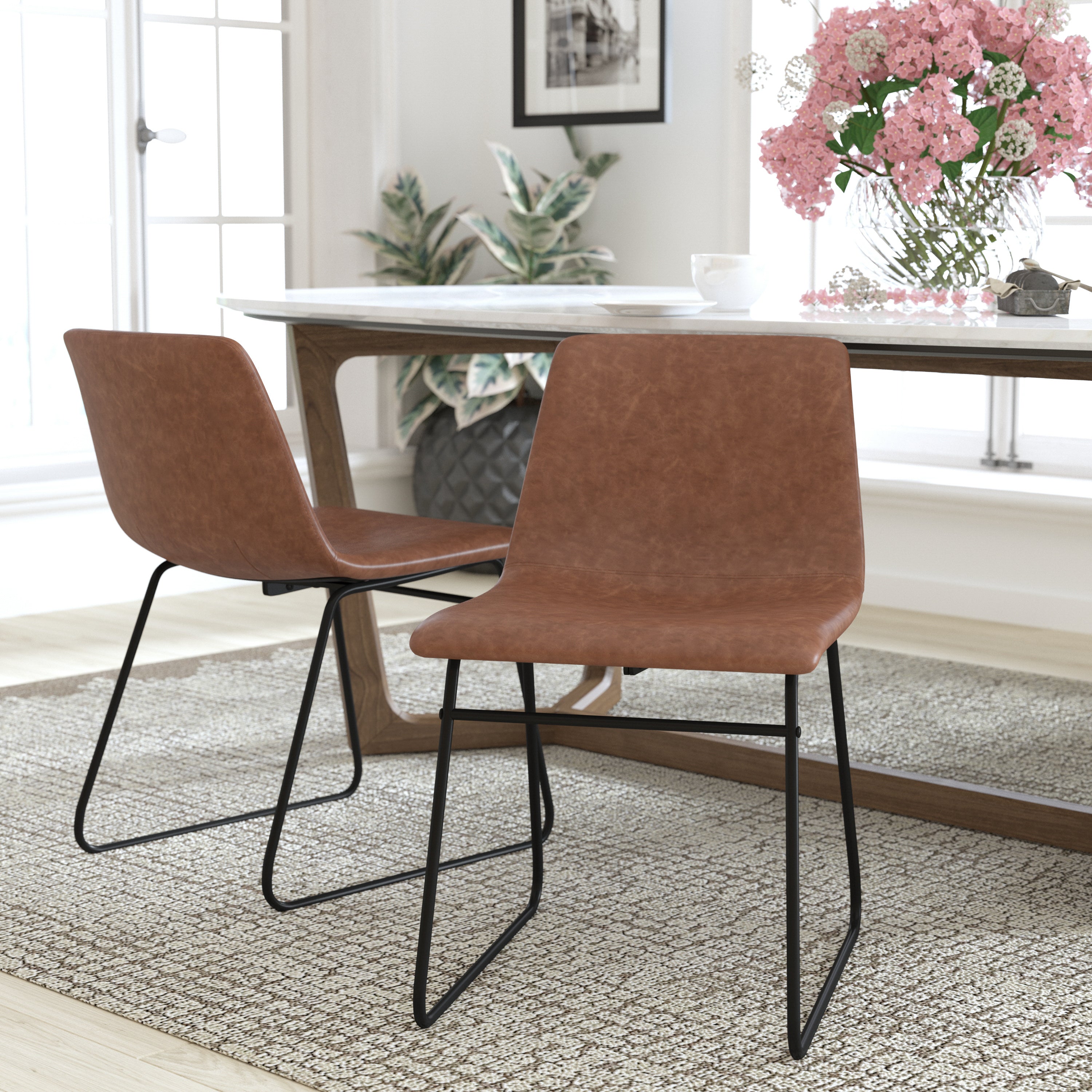 18 Inch Dining Table Height Chair, Mid-Back Sled Base Dining Chair in LeatherSoft Upholstery, Set of 2