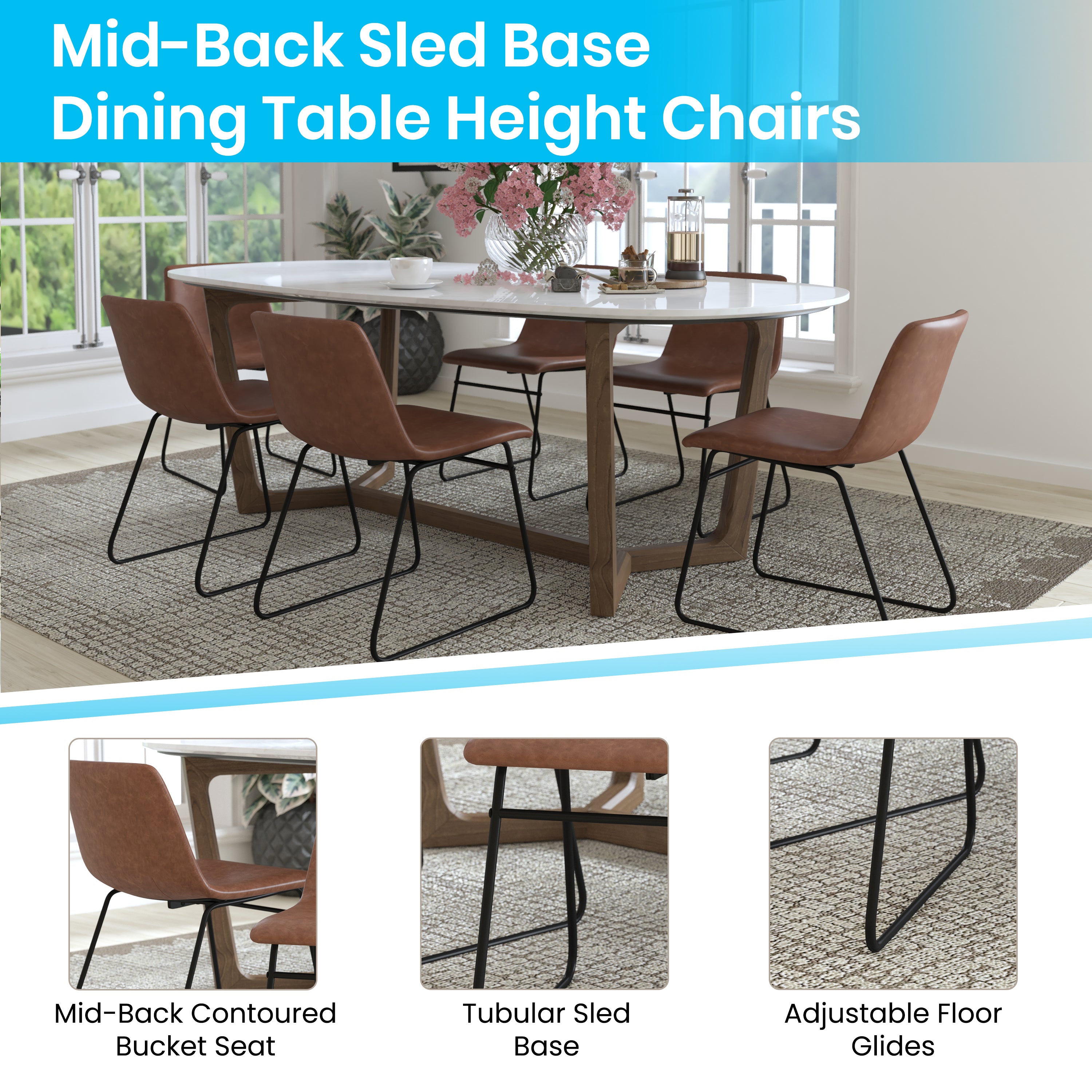 18 Inch Dining Table Height Chair, Mid-Back Sled Base Dining Chair in LeatherSoft Upholstery, Set of 2