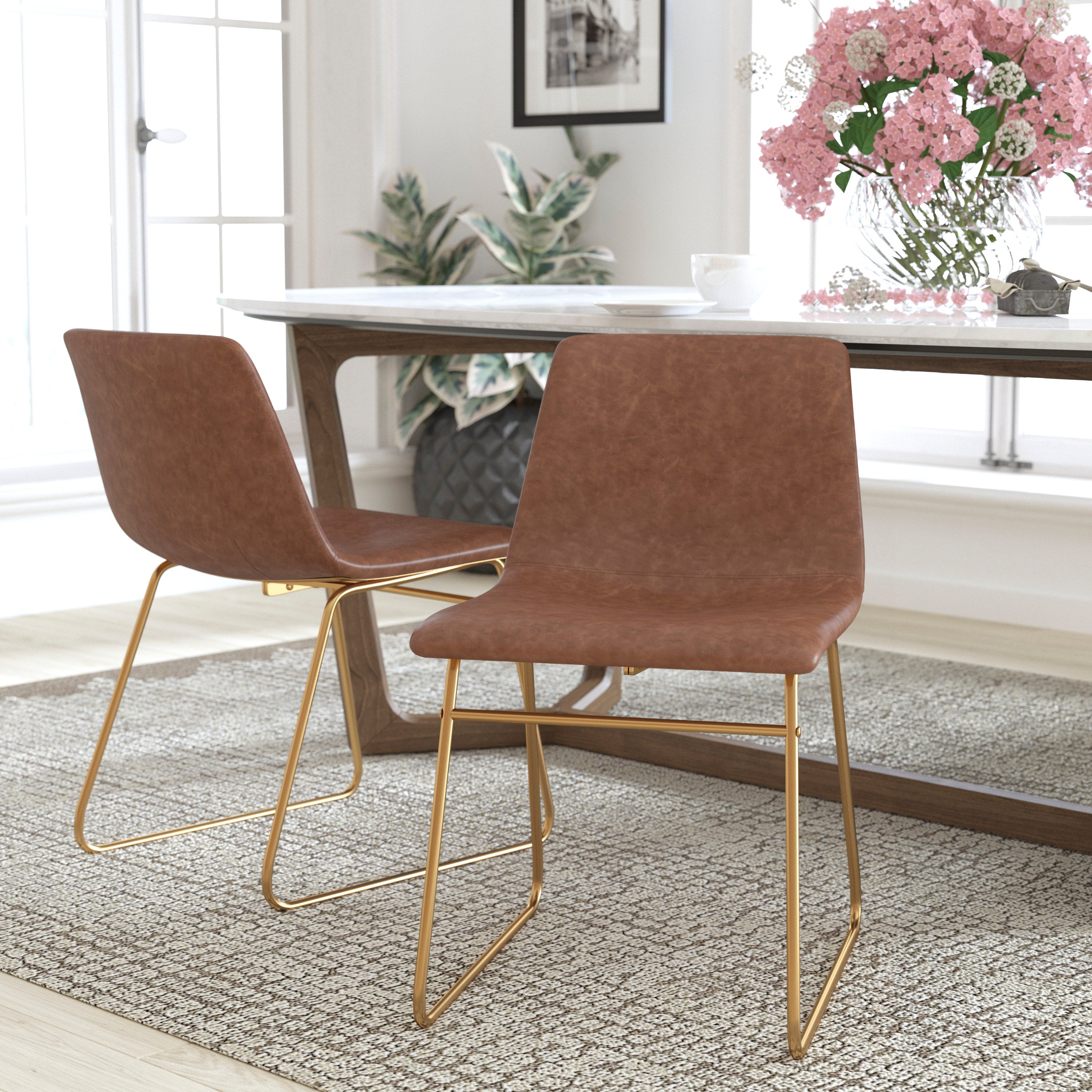 18 Inch Dining Table Height Chair, Mid-Back Sled Base Dining Chair in LeatherSoft Upholstery, Set of 2