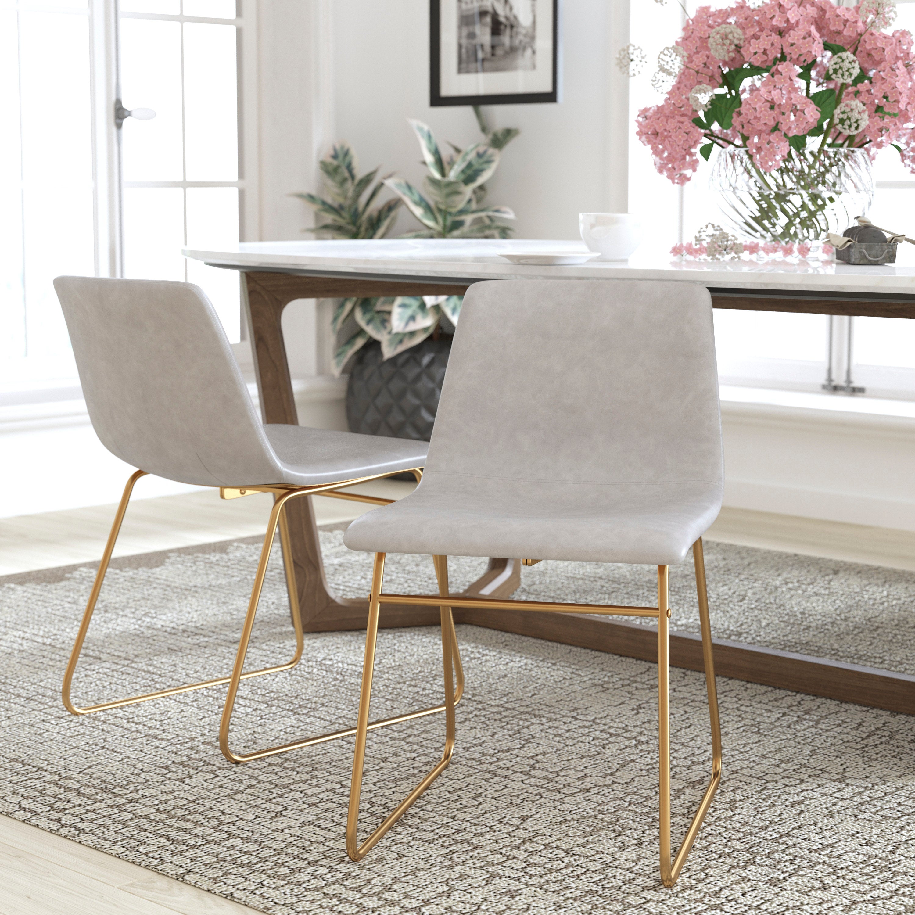 18 Inch Dining Table Height Chair, Mid-Back Sled Base Dining Chair in LeatherSoft Upholstery, Set of 2