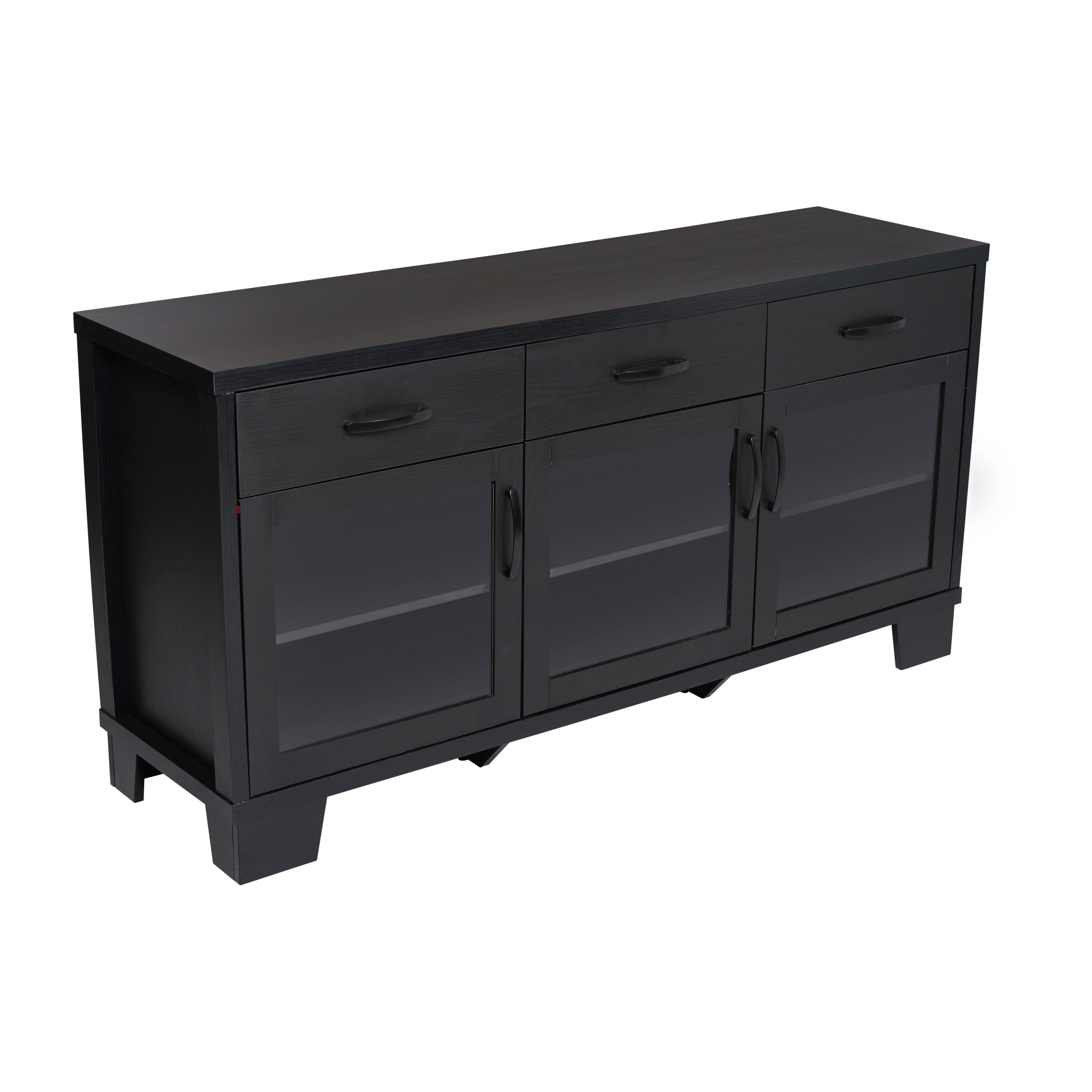 Wells Modern Kitchen and Dining Room Buffet Sideboard Storage Cabinet, Engineered Wood with 3 Tempered Glass Doors and 3 Drawers