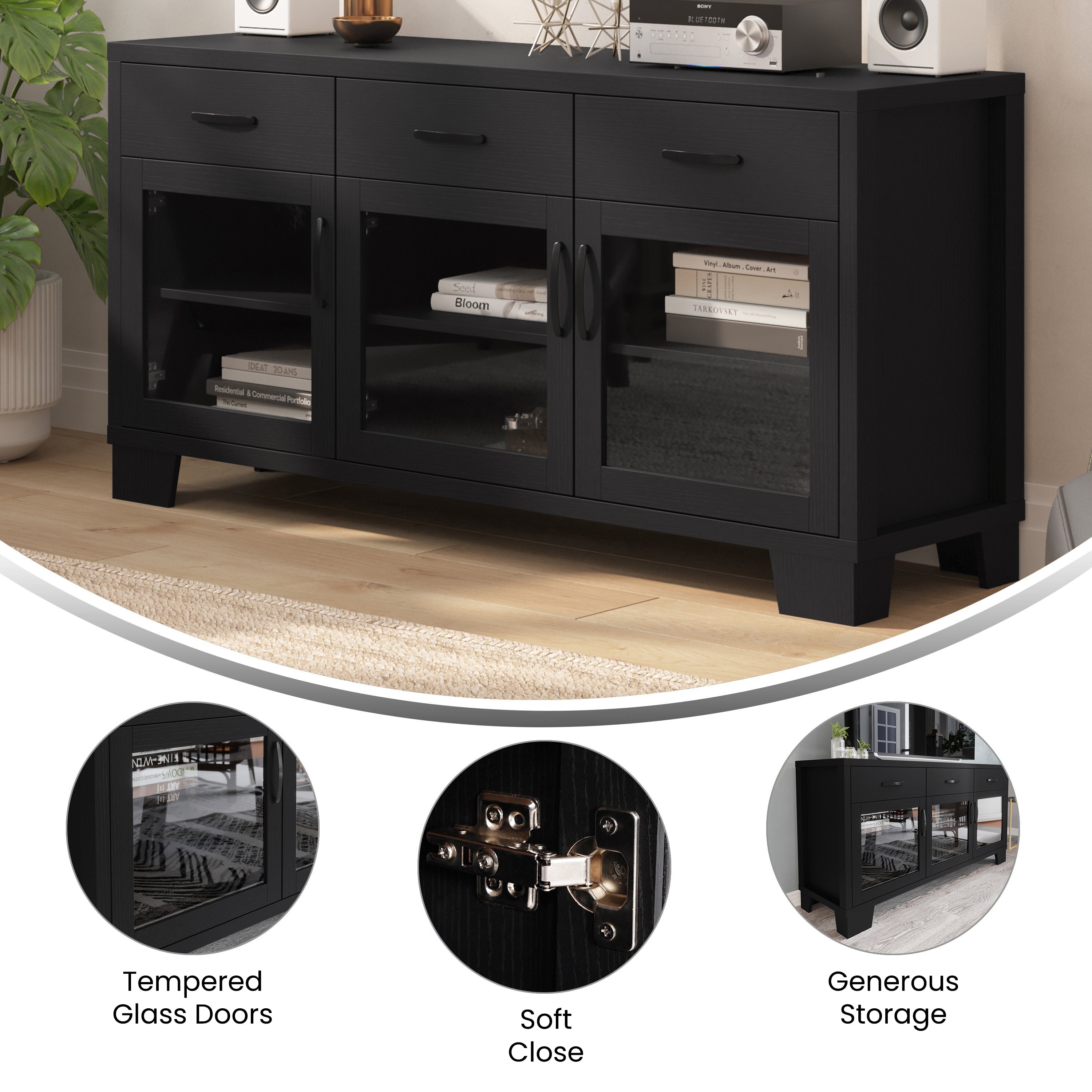 Wells Modern Kitchen and Dining Room Buffet Sideboard Storage Cabinet, Engineered Wood with 3 Tempered Glass Doors and 3 Drawers