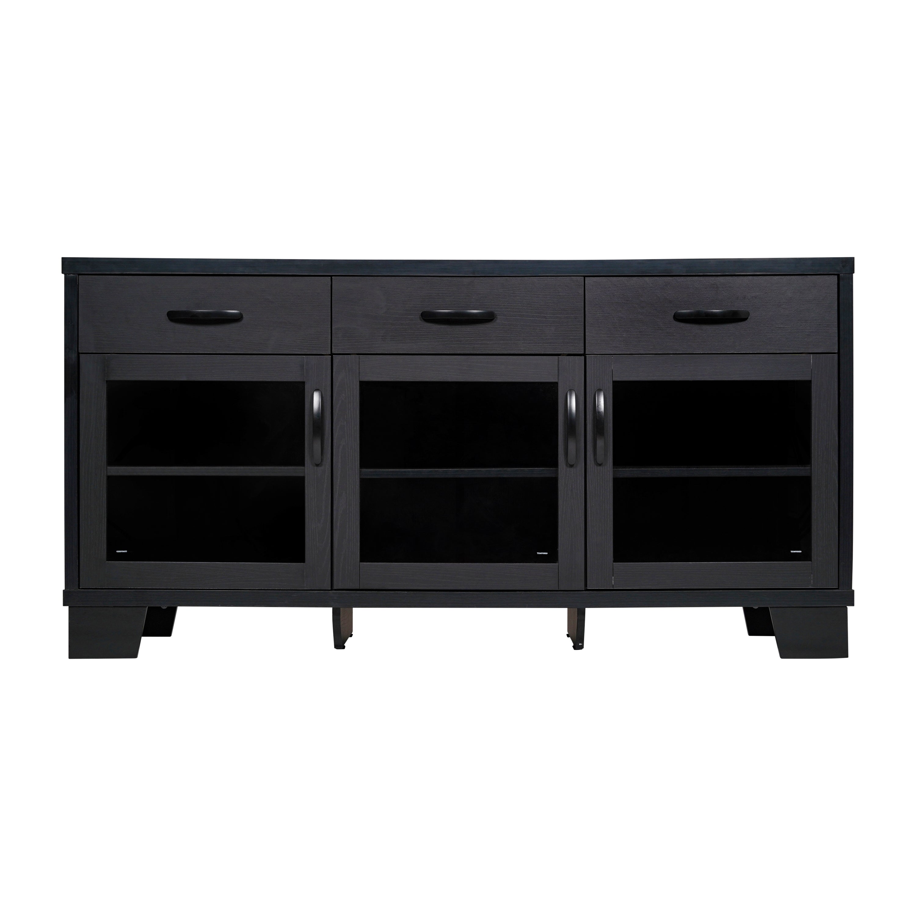 Wells Modern Kitchen and Dining Room Buffet Sideboard Storage Cabinet, Engineered Wood with 3 Tempered Glass Doors and 3 Drawers