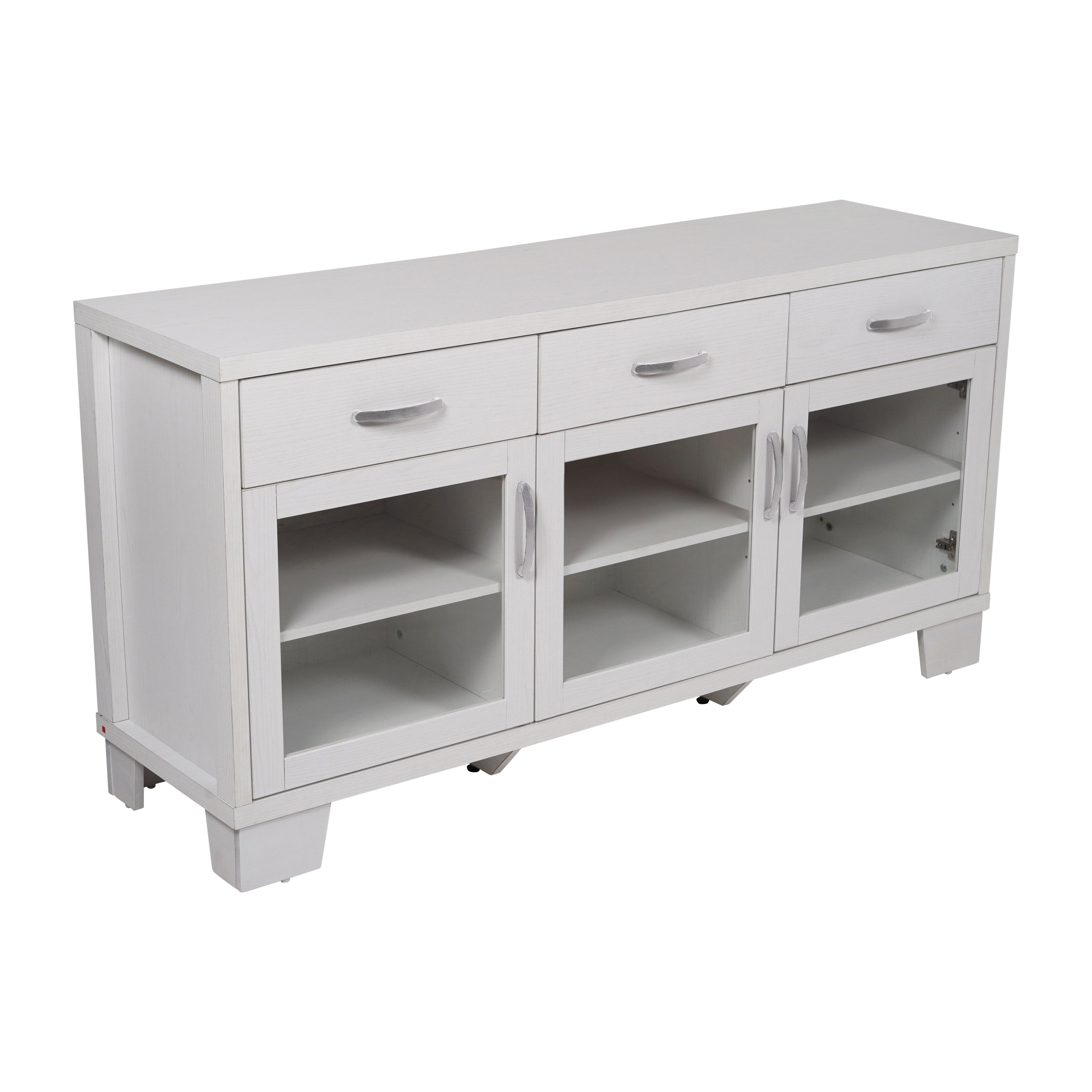 Wells Modern Kitchen and Dining Room Buffet Sideboard Storage Cabinet, Engineered Wood with 3 Tempered Glass Doors and 3 Drawers