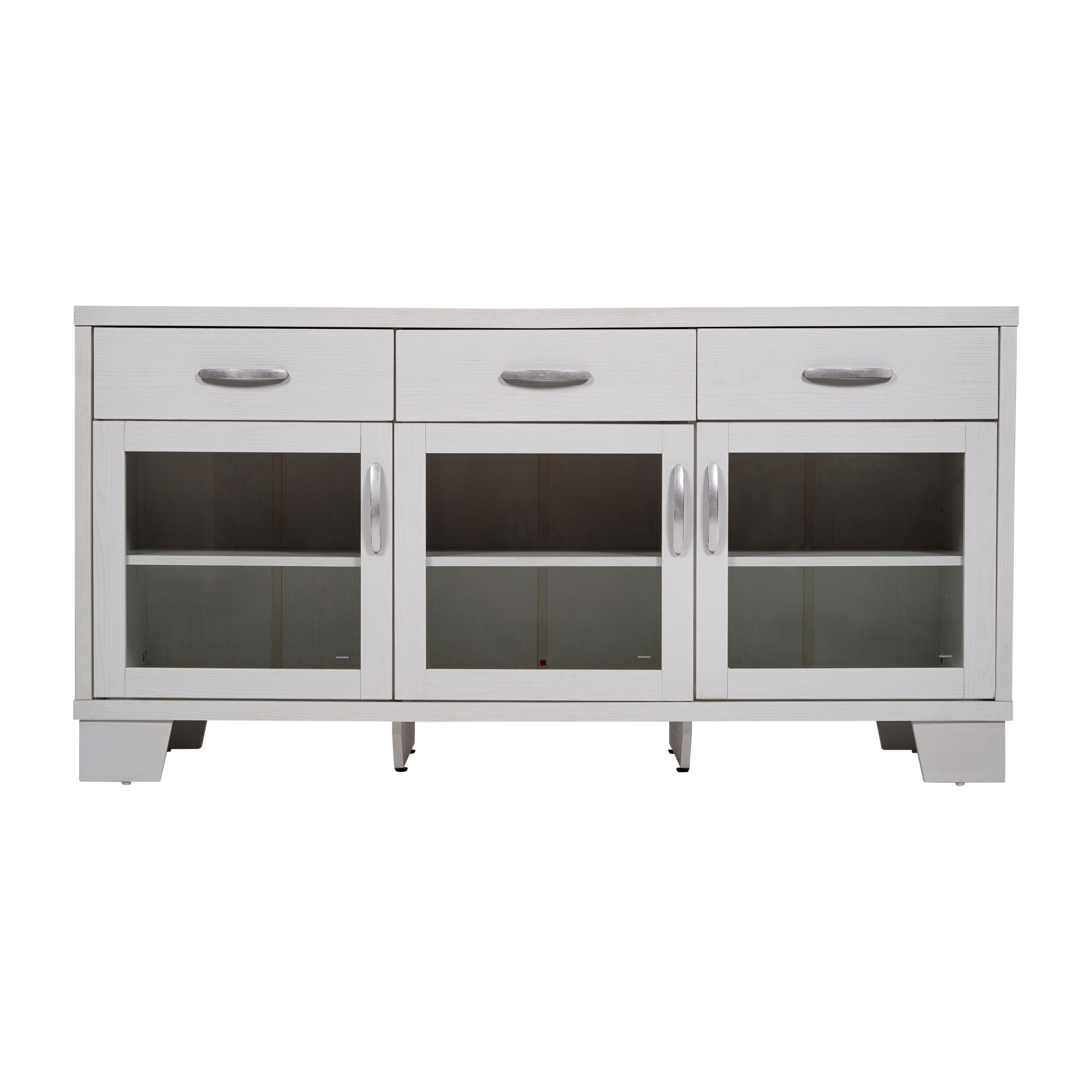 Wells Modern Kitchen and Dining Room Buffet Sideboard Storage Cabinet, Engineered Wood with 3 Tempered Glass Doors and 3 Drawers