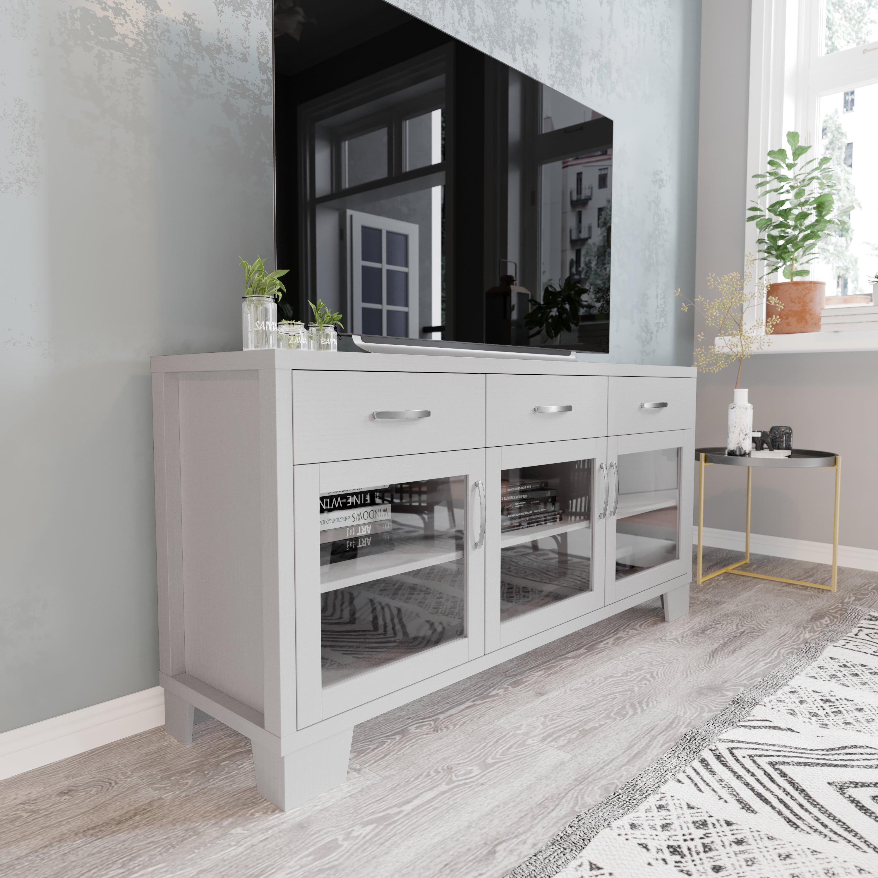 Wells Modern Kitchen and Dining Room Buffet Sideboard Storage Cabinet, Engineered Wood with 3 Tempered Glass Doors and 3 Drawers