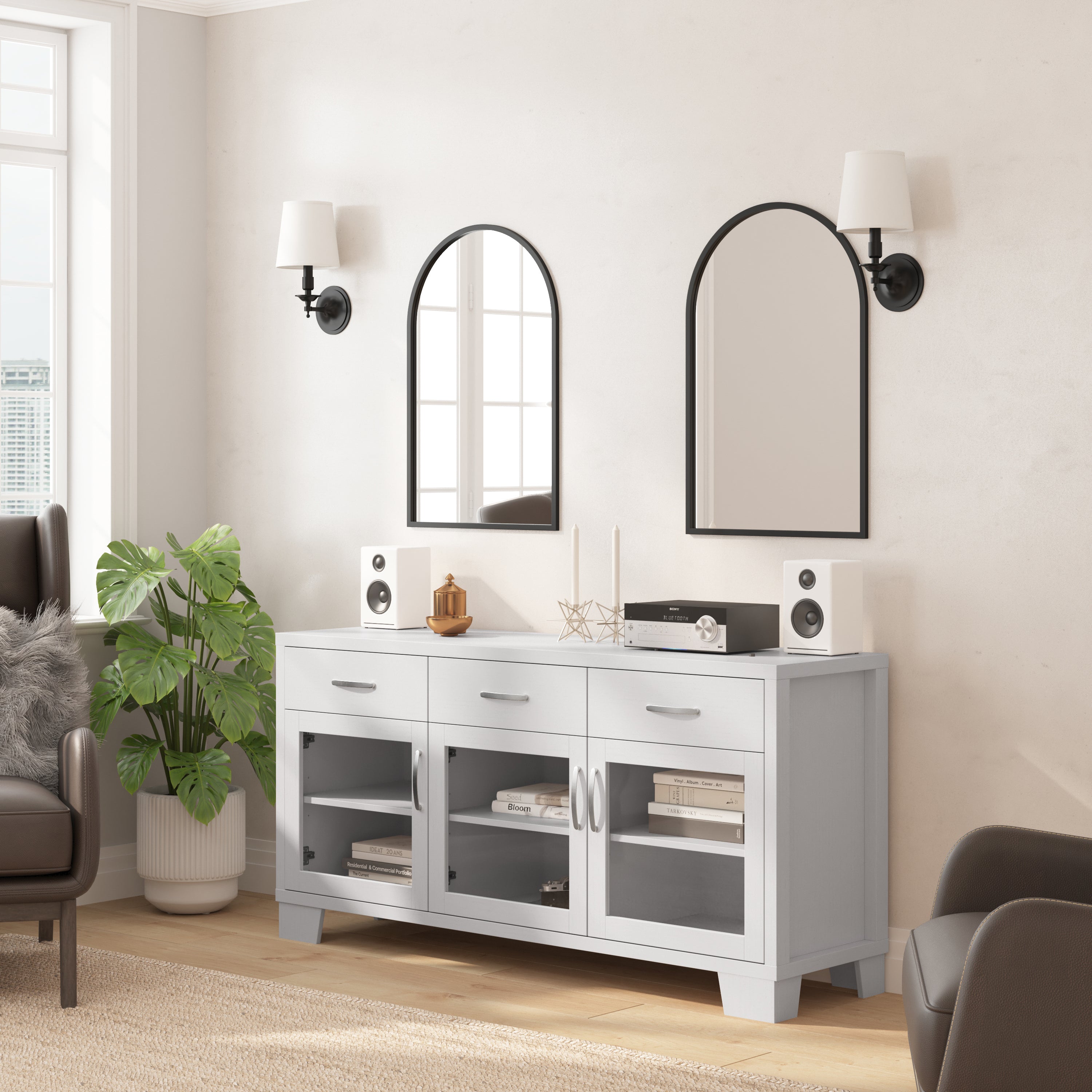 Wells Modern Kitchen and Dining Room Buffet Sideboard Storage Cabinet, Engineered Wood with 3 Tempered Glass Doors and 3 Drawers