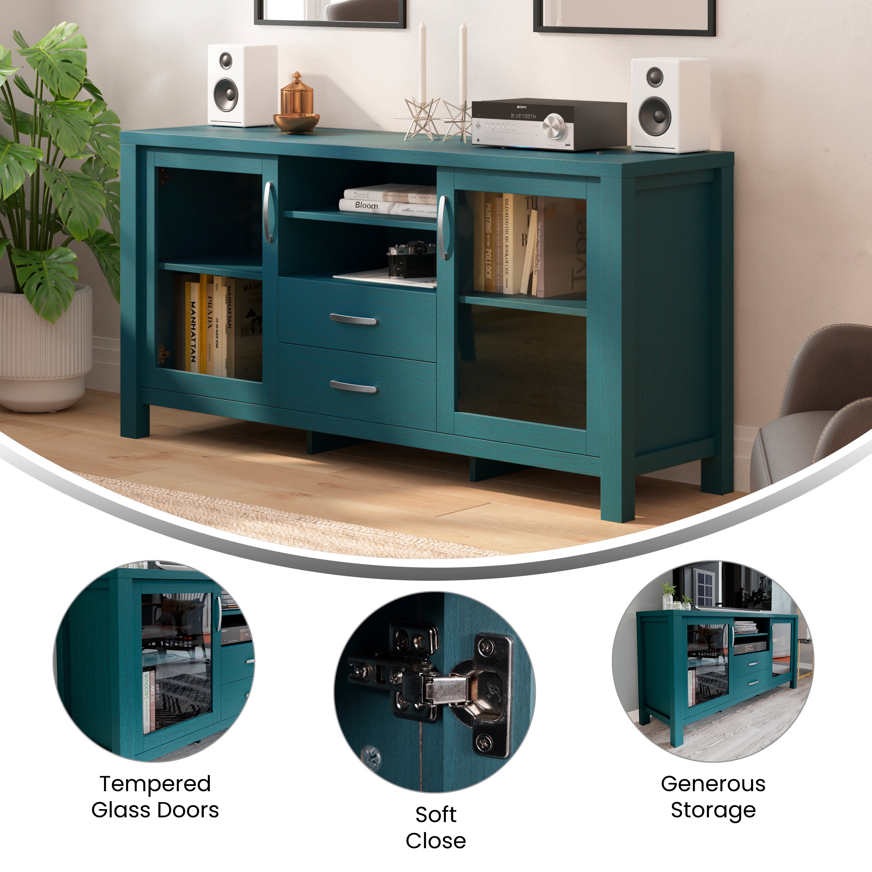 Dion Modern Kitchen and Dining Room Buffet Sideboard Storage Cabinet, Engineered Wood with 2 Tempered Glass Doors, 2 Drawers, Open Shelf