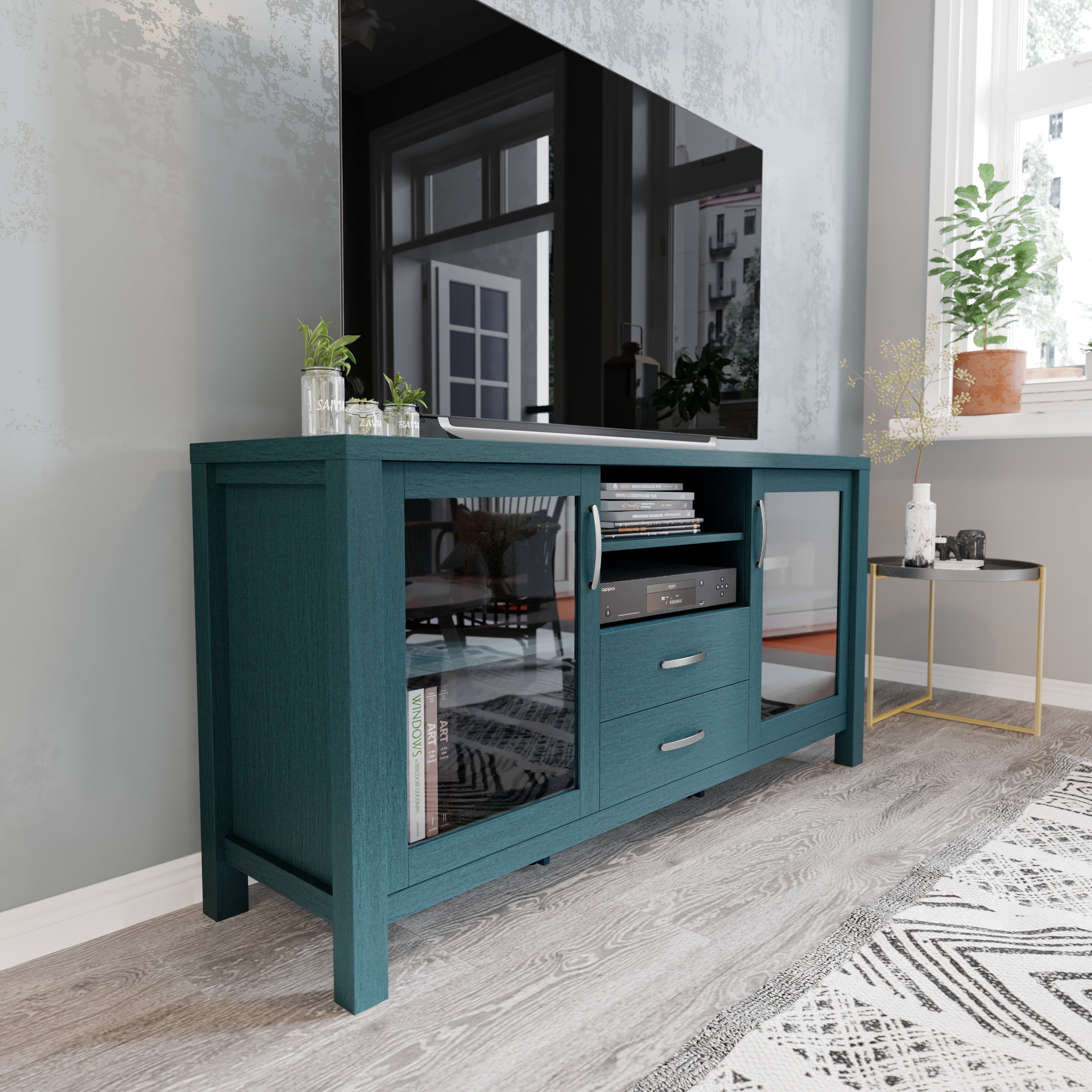 Dion Modern Kitchen and Dining Room Buffet Sideboard Storage Cabinet, Engineered Wood with 2 Tempered Glass Doors, 2 Drawers, Open Shelf