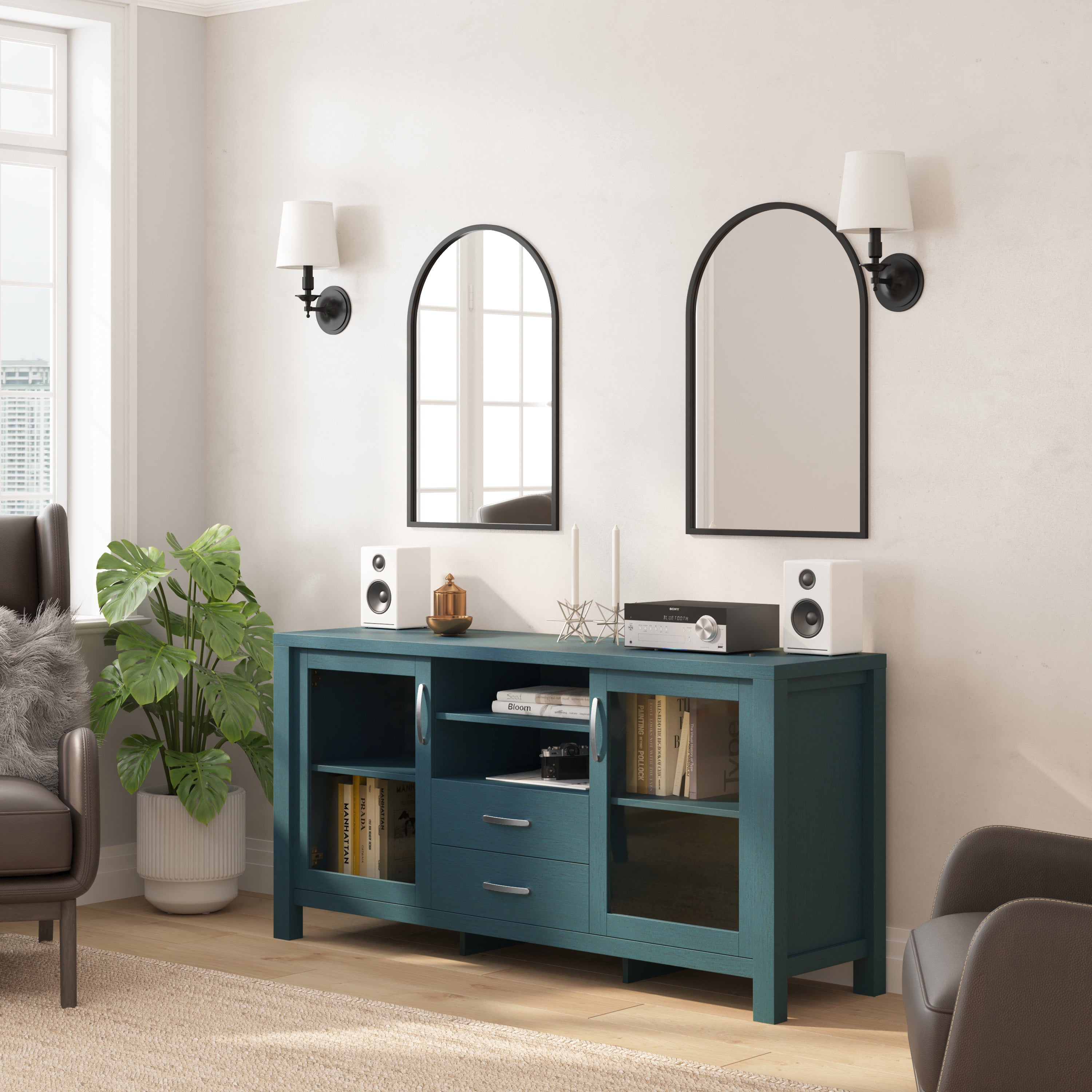 Dion Modern Kitchen and Dining Room Buffet Sideboard Storage Cabinet, Engineered Wood with 2 Tempered Glass Doors, 2 Drawers, Open Shelf